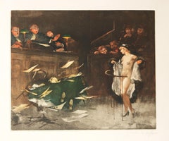Three courtroom scenes original signed etchings by French artist Gaston Hoffman