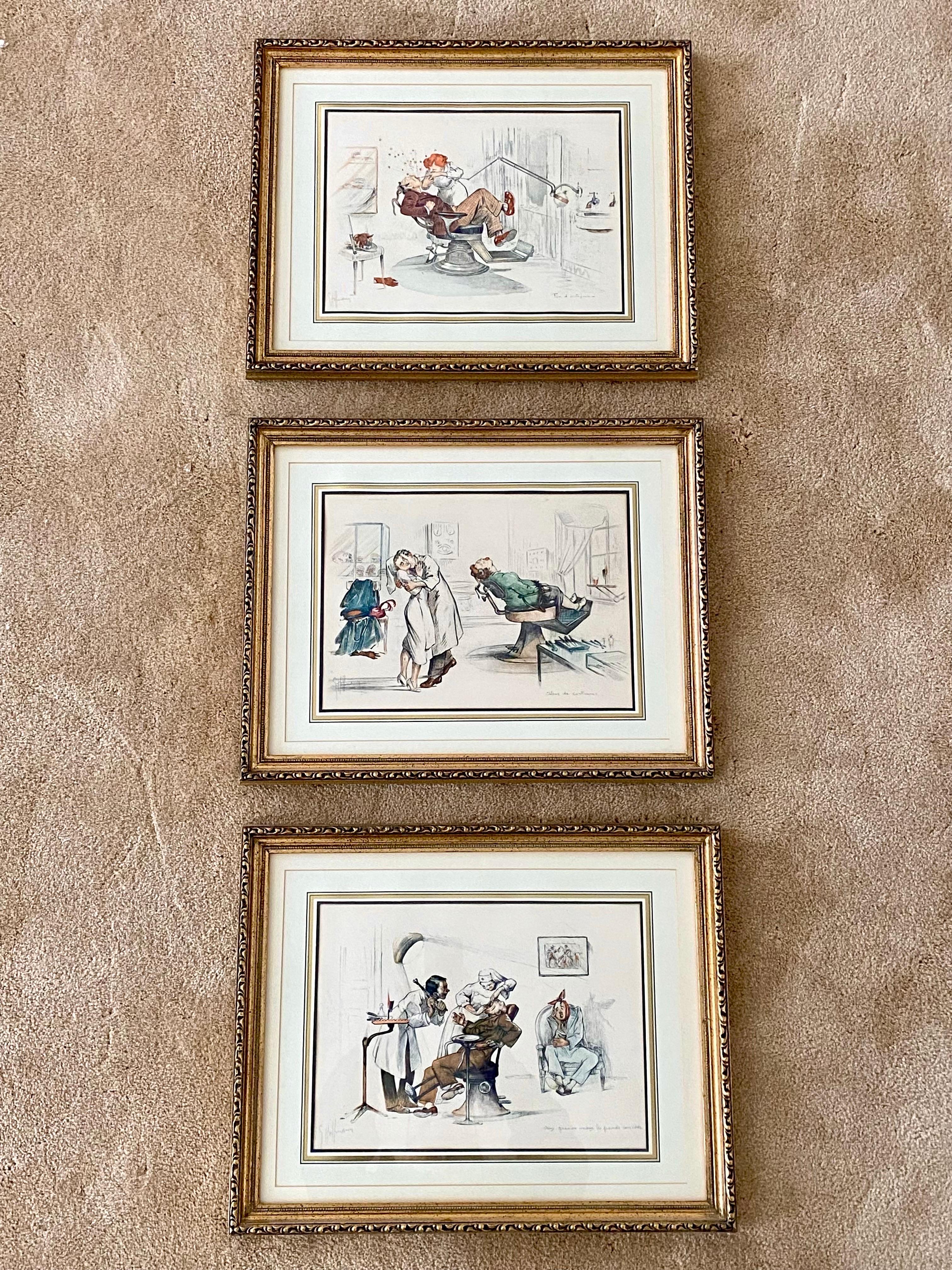 A lovely set of three circa 1930 hand colored and signed satirical lithograph prints by French artist Gaston Hoffmann (1883-1977). Gaston Hoffmann worked as a painter, decorator, cartoonist, and illustrator in France and Quebec throughout the first
