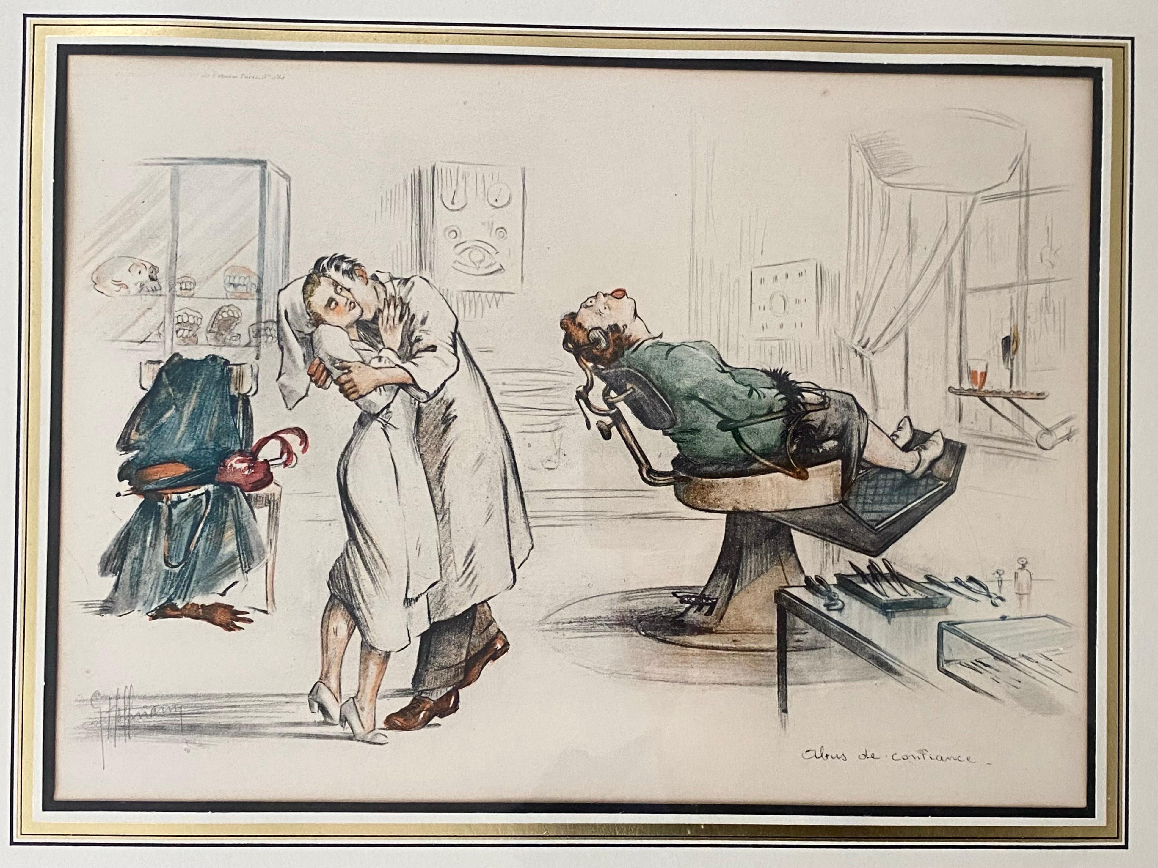 Mid-20th Century Gaston Hoffmann Set of 3 Satirical French Dental Illustration Lithographs For Sale