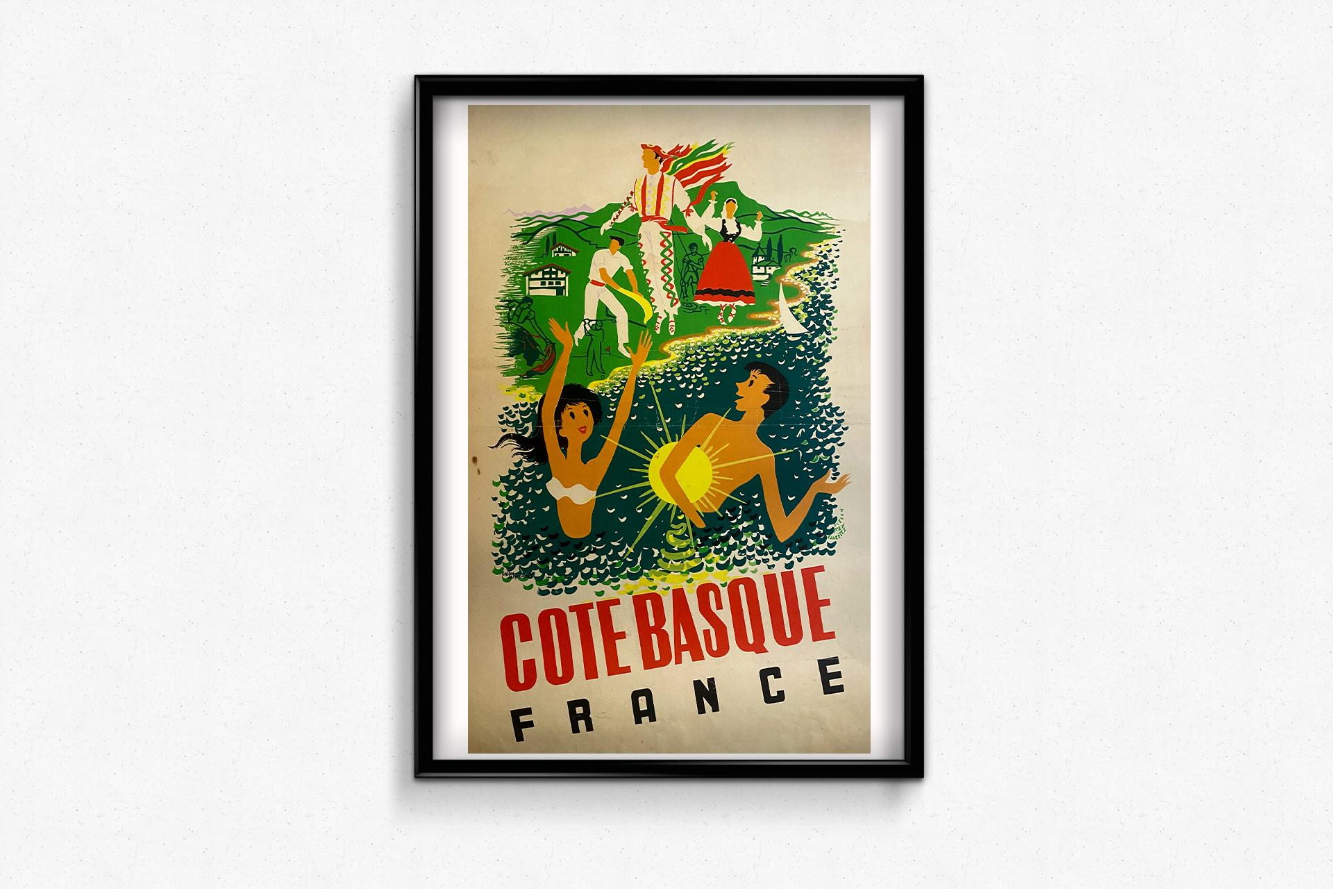 Ein wunderschönes Plakat, das uns einlädt, die baskische Küste, ihre Strände, ihre Golfplätze, ihren traditionellen Sport zu entdecken: Baskische Pelota, sowie alle anderen kulturellen Aspekte.

Dieses Plakat wurde von Gaston Jacquement um 1940