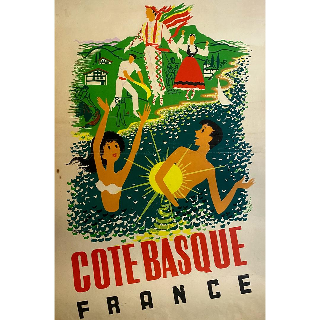 Circa 1940 original travel poster - Basque coast - France - Print by Gaston Jacquement