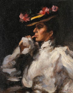 After Gaston La Touche - Mid 20th Century Oil, Portrait of a Woman Smoking