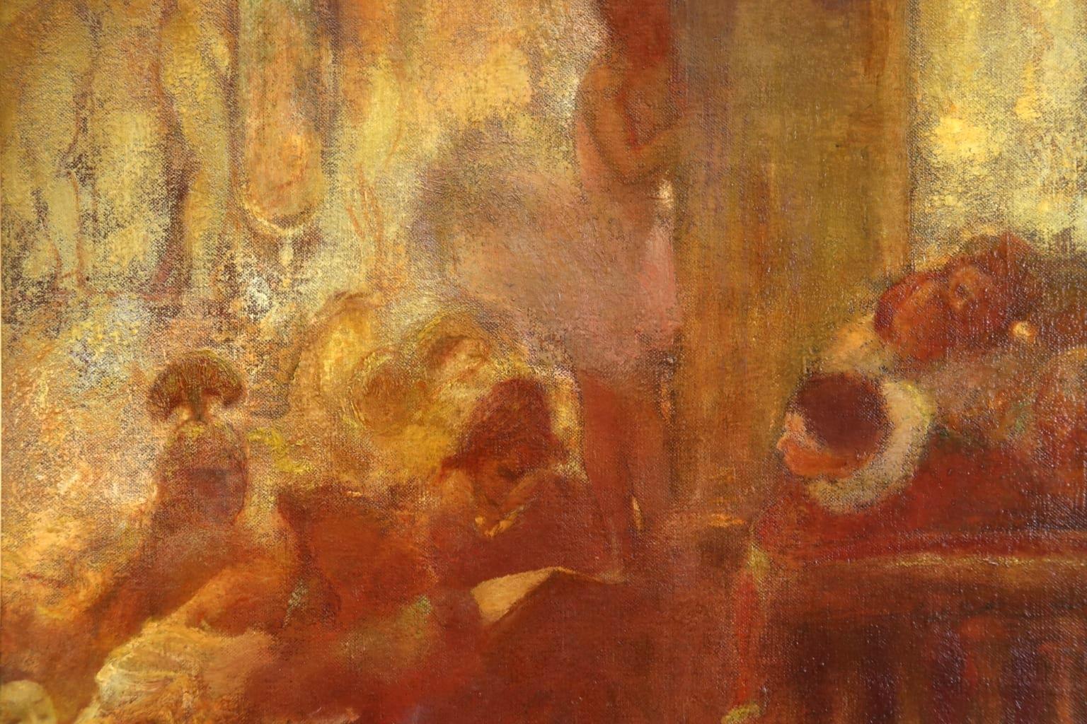 A wonderful oil on canvas by French impressionist painter Gaston La Touche depicting performers in a Commedia dell'arte - a popular form of theatre characterised by masked actors who perform sketches. 

Signature:
Signed & dated 1899 lower