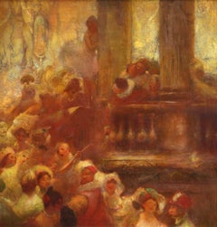 Huile impressionniste « Commedia dell'arte » (Commedia dell'arte) - Figures dans l'intérieur de Gaston La Touche