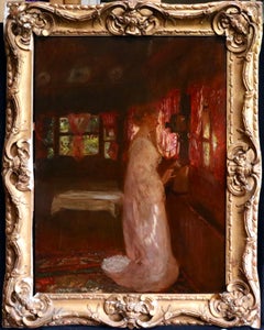 La Telephone - 19th Century Oil, Elegant Woman in Interior by Gaston La Touche
