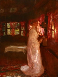 Antique La Telephone - 19th Century Oil, Elegant Woman in Interior by Gaston La Touche