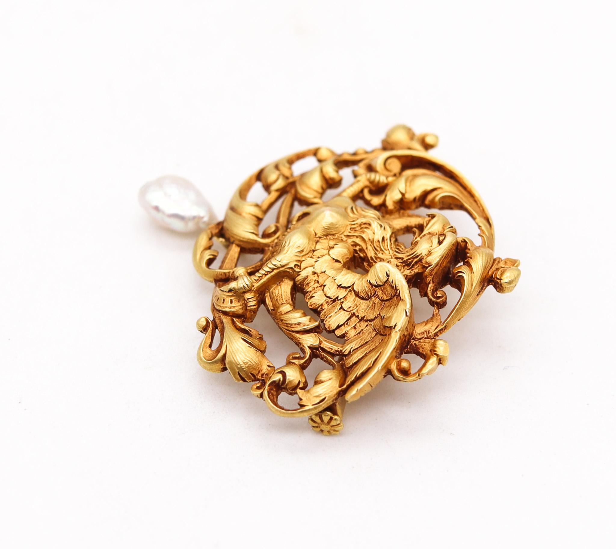 An art nouveau Griffin brooch designed by Gaston Lafitte.

An incredible piece of art created around the 1890, during the art nouveau period in Paris France by the artist goldsmith Gaston Lafitte. This brooch depicts the three dimensional figure in