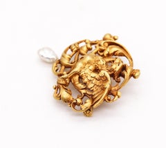 Gaston Lafitte 1890 French Art Nouveau Griffin Brooch in 18kt Gold with Pearl