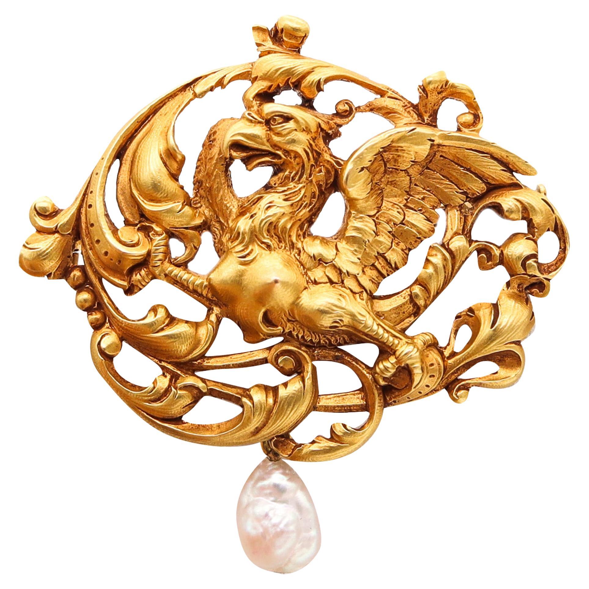 Gaston Lafitte 1890 French Art Nouveau Griffin Brooch in 18kt Gold with Pearl For Sale