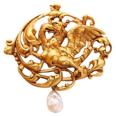 Gaston Lafitte 1890 French Art Nouveau Griffin Brooch in 18kt Gold with Pearl
