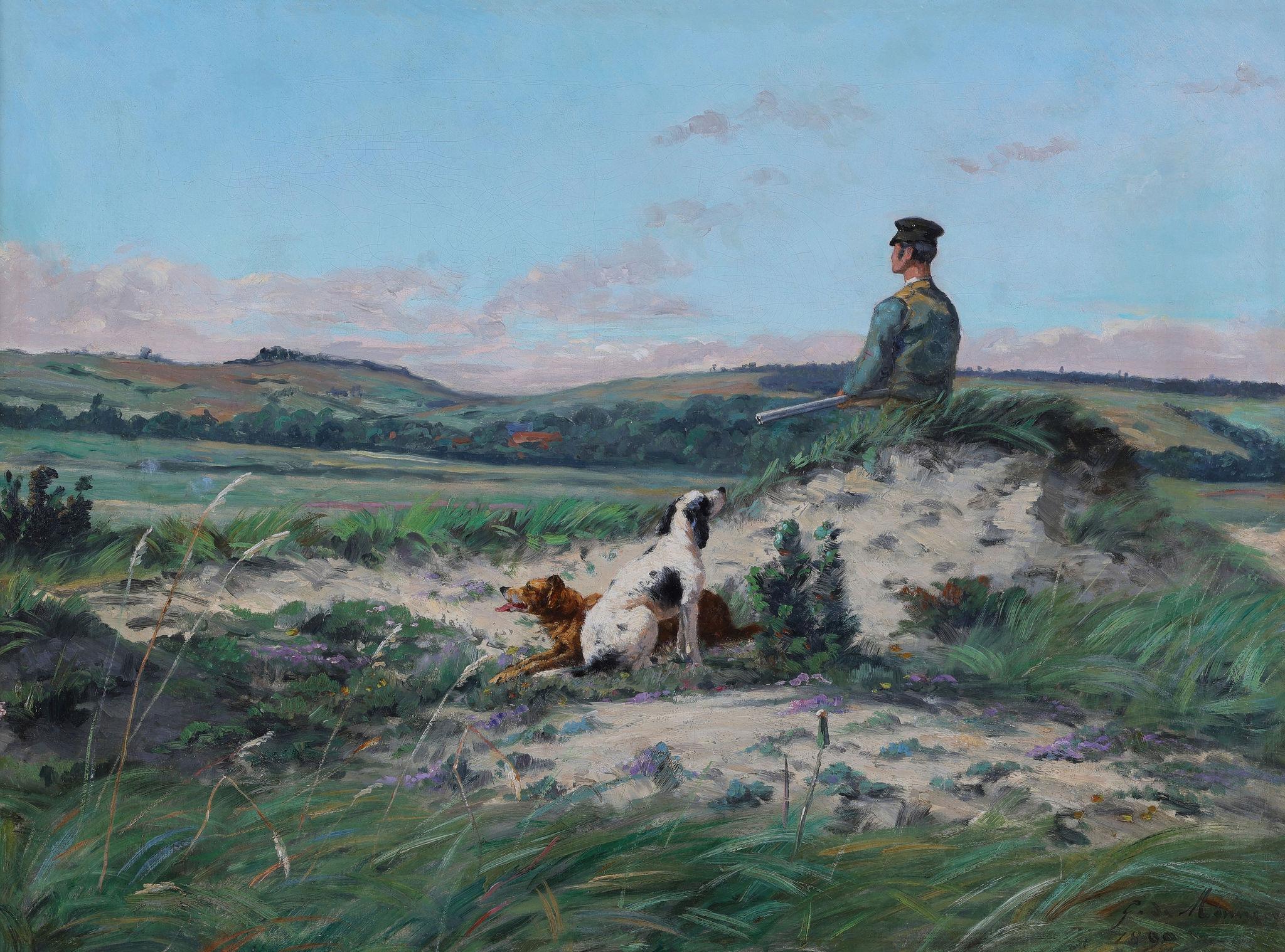 A Hunter with his Dogs - Painting by Gaston Le Sargeant De MONNECOVE