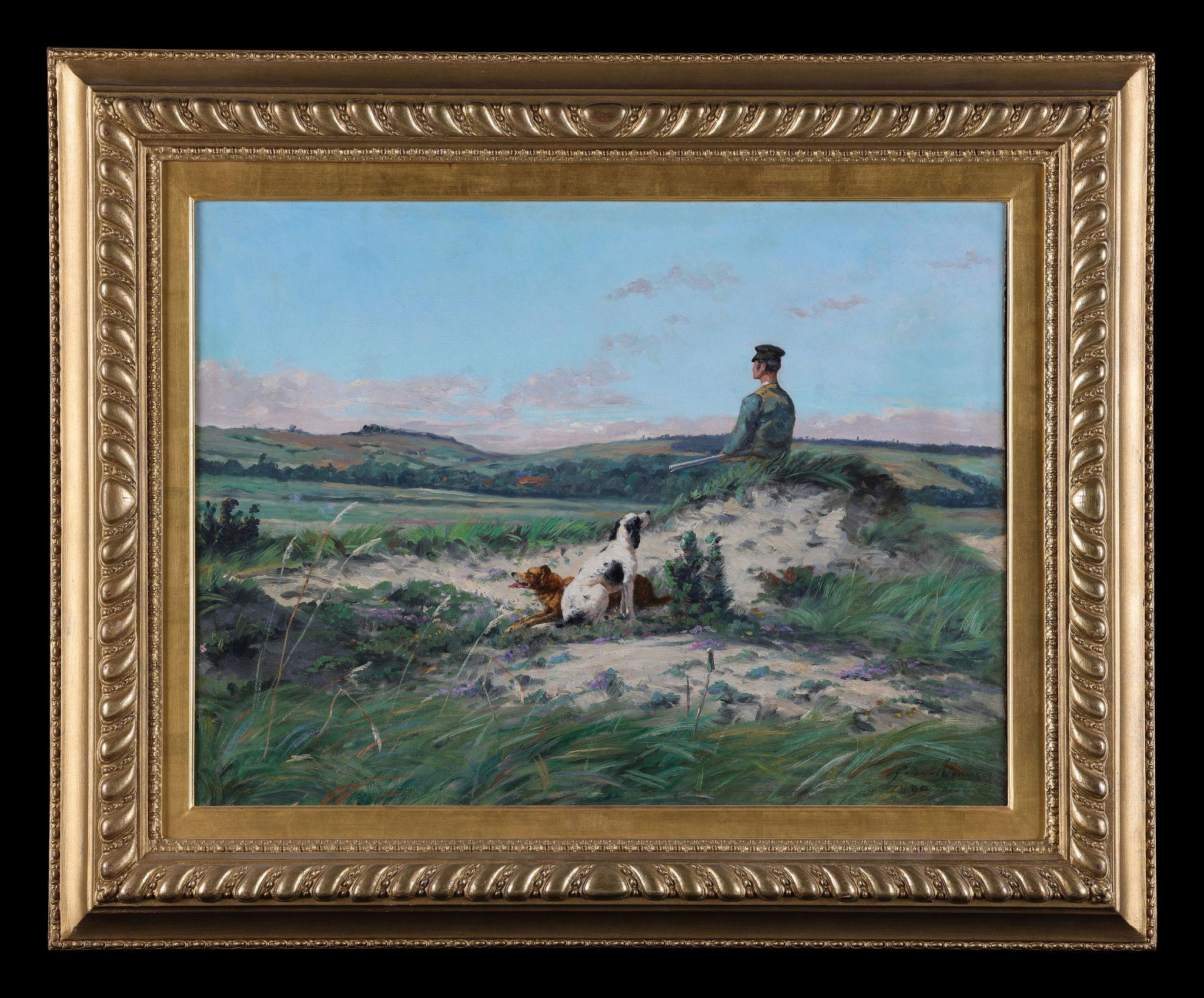 Gaston Le Sargeant De MONNECOVE Landscape Painting - A Hunter with his Dogs