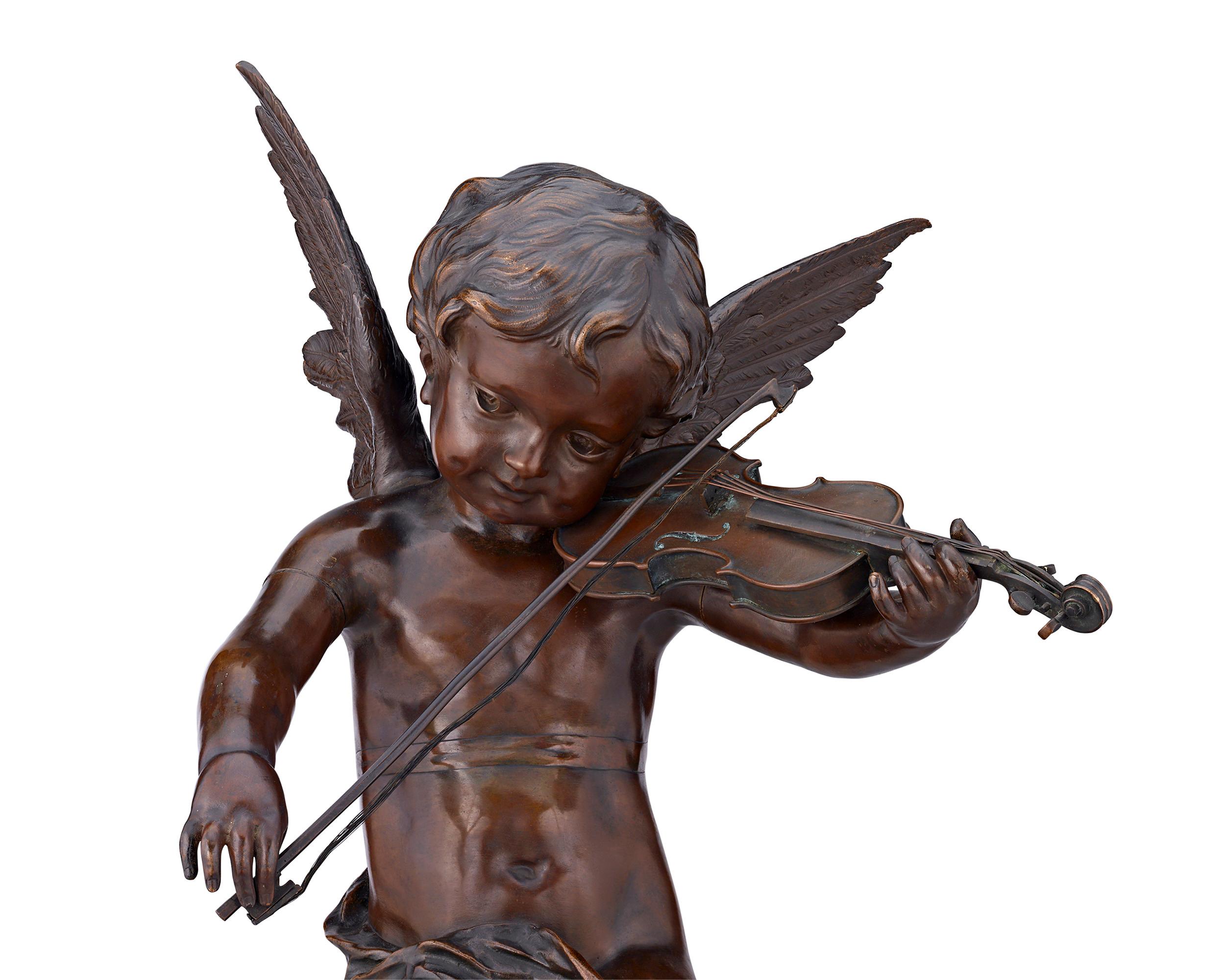 Ange Jouant du Violin - Gold Figurative Sculpture by Gaston Leroux