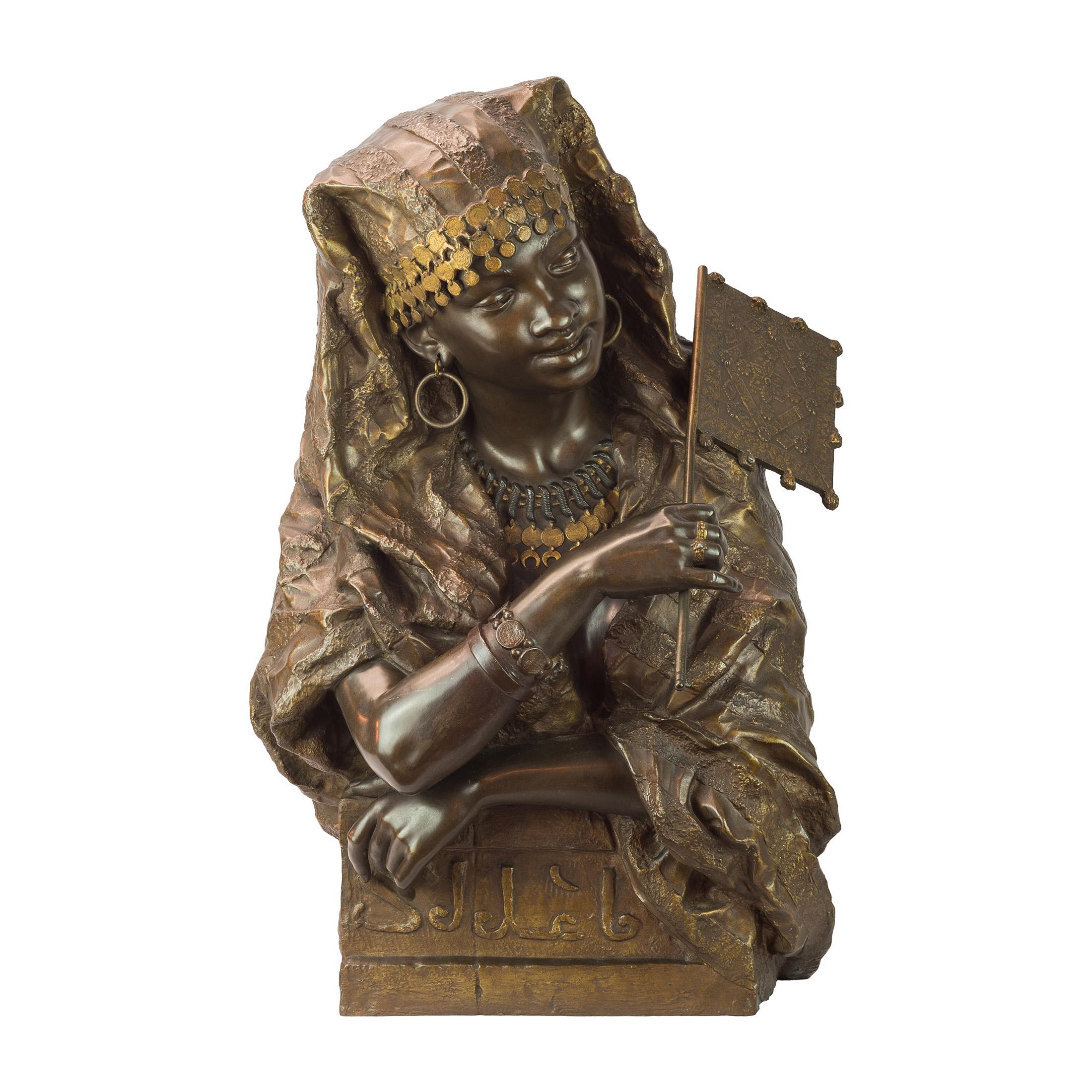Gaston Leroux Figurative Sculpture - Polychrome and gilt bronze bust of a gypsy woman