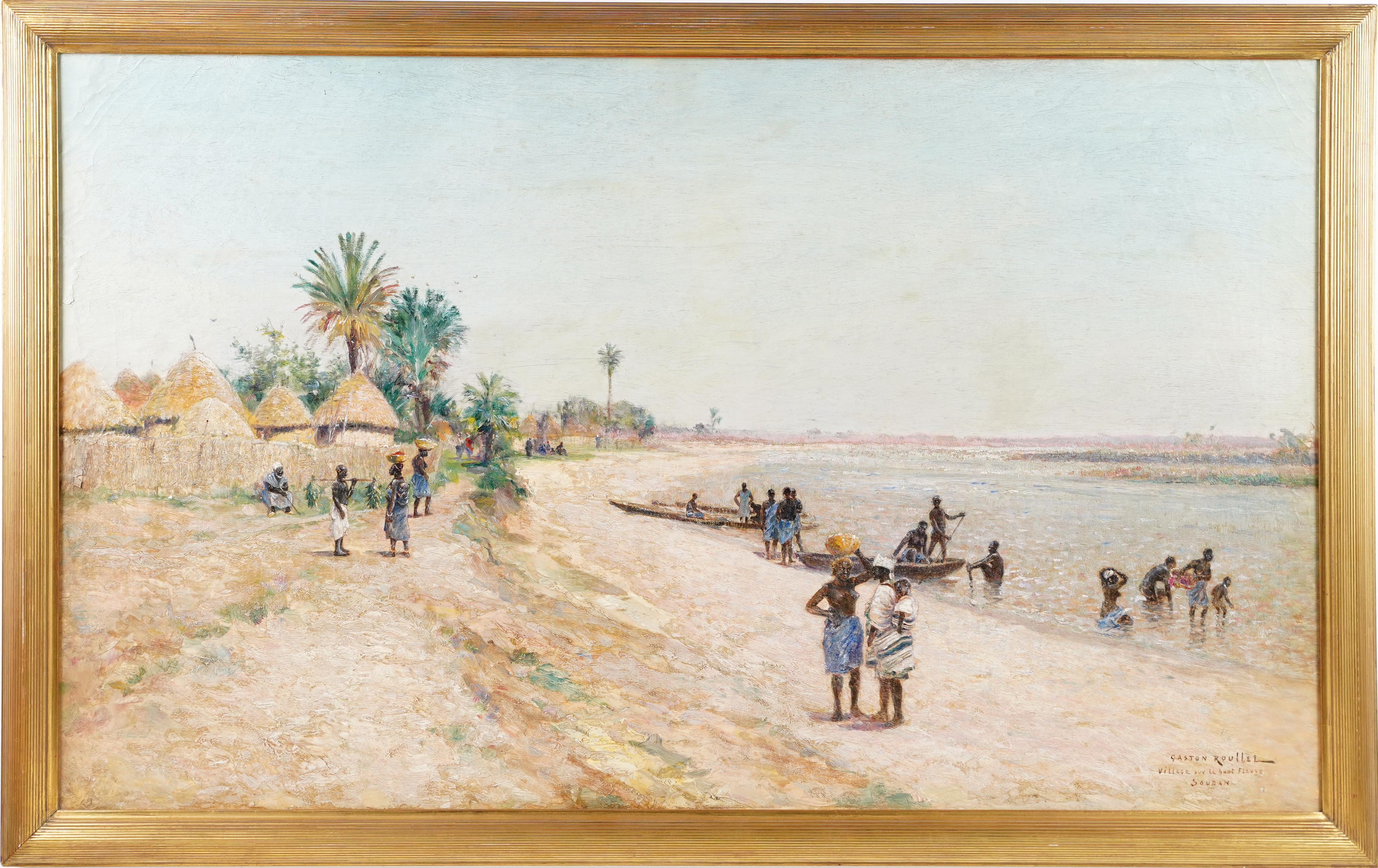 Gaston Marie Anatole Roullet Landscape Painting – Antike Französisch Orientalist signiert Sudan afrikanischen Dorf Impressionist Gemälde