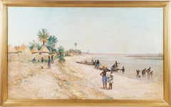 Antique French Orientalist Signed Sudan African Village Impressionist Painting