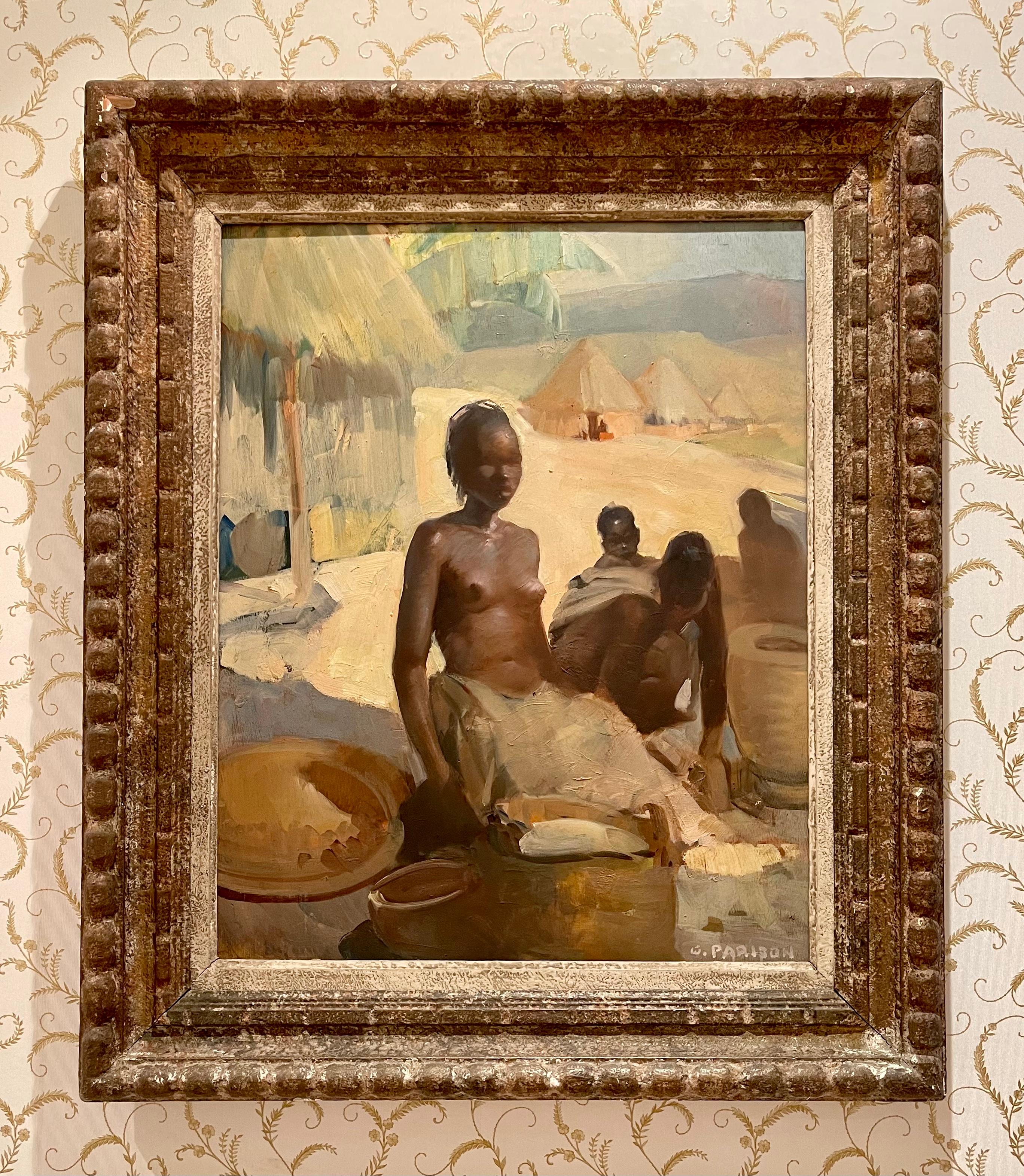 Painting, oil on panel, representing Malagasy women with their children preparing the meal in the heart of the village. This canvas is in very good condition, signed lower right 