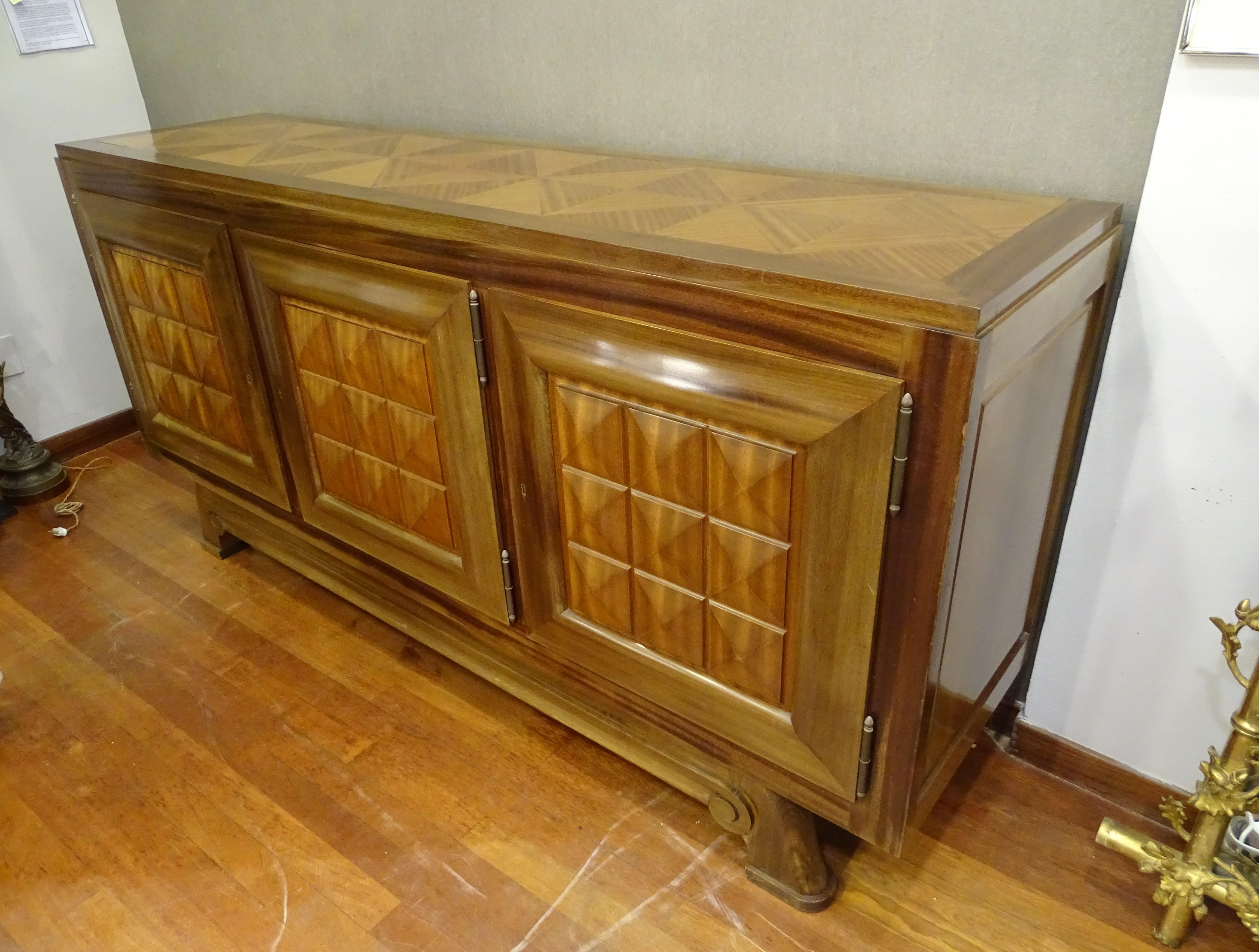 Hand-Crafted Gaston Poisson Signed 40s French Wood Sideboard, Enfilada, Credenza, Brutalista
