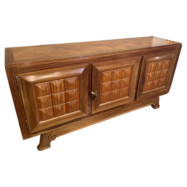 Gaston Poisson Signed 40s French Wood Sideboard, Enfilada, Credenza, Brutalista