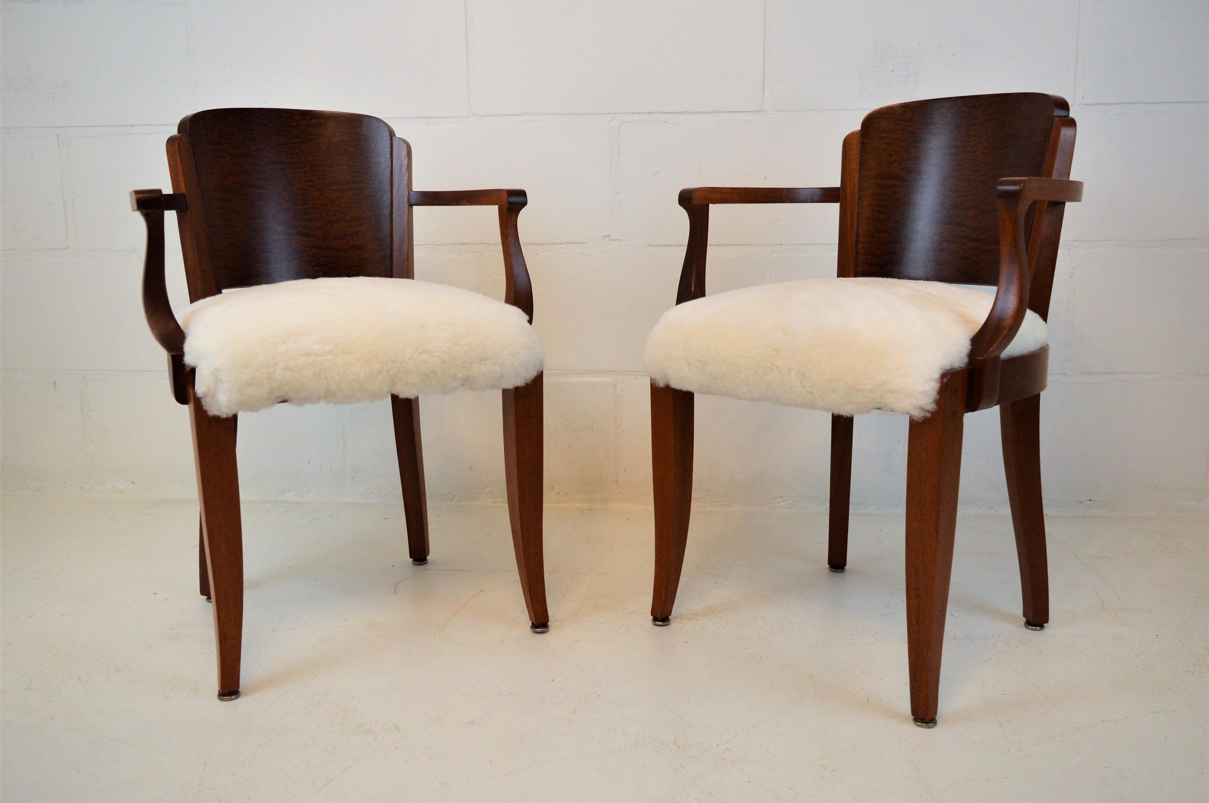 Gaston Poisson Art Deco Armchairs Covered with Sheepskin in Solid Mahogany 6