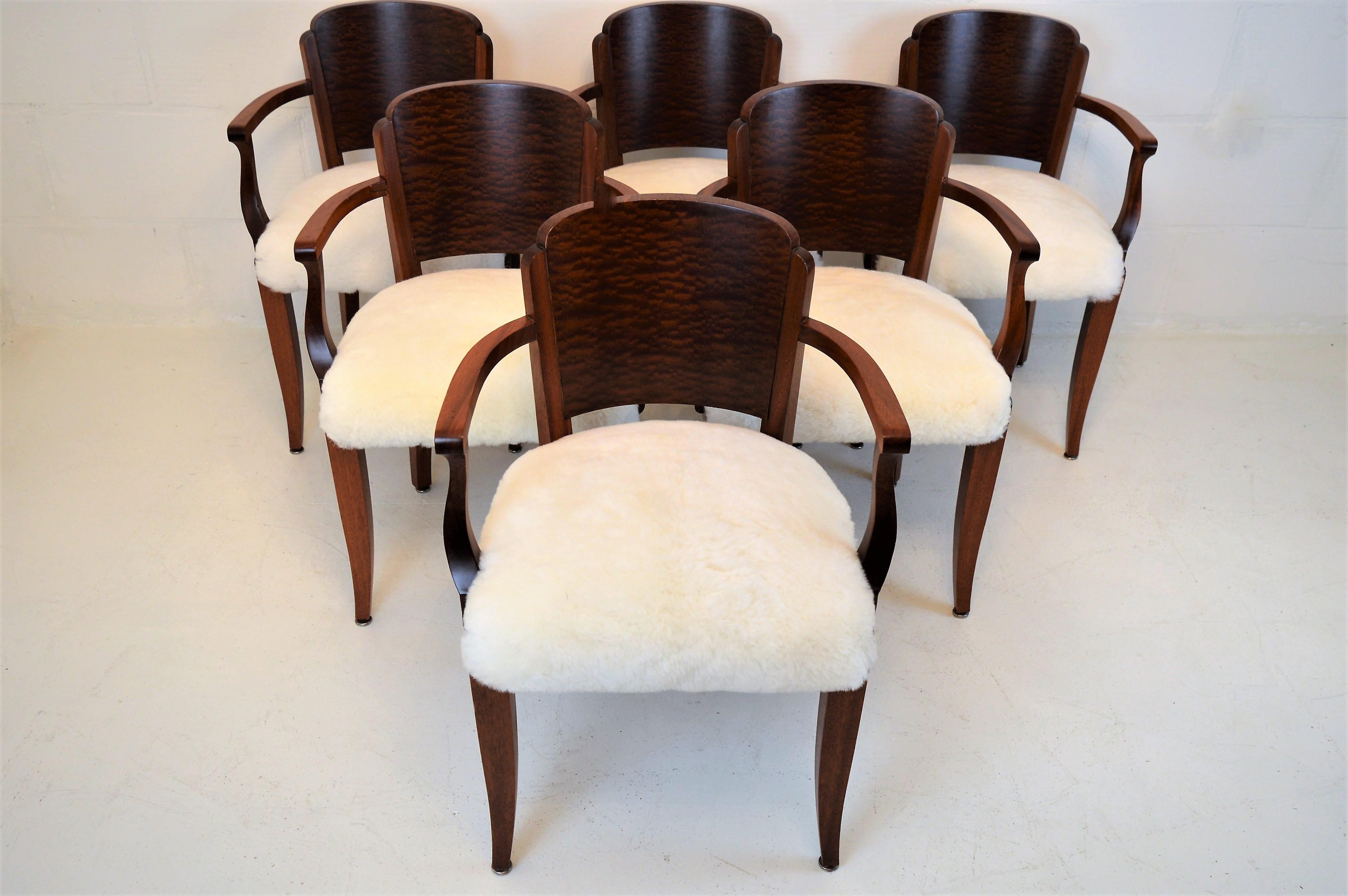 French Gaston Poisson Art Deco Armchairs Covered with Sheepskin in Solid Mahogany