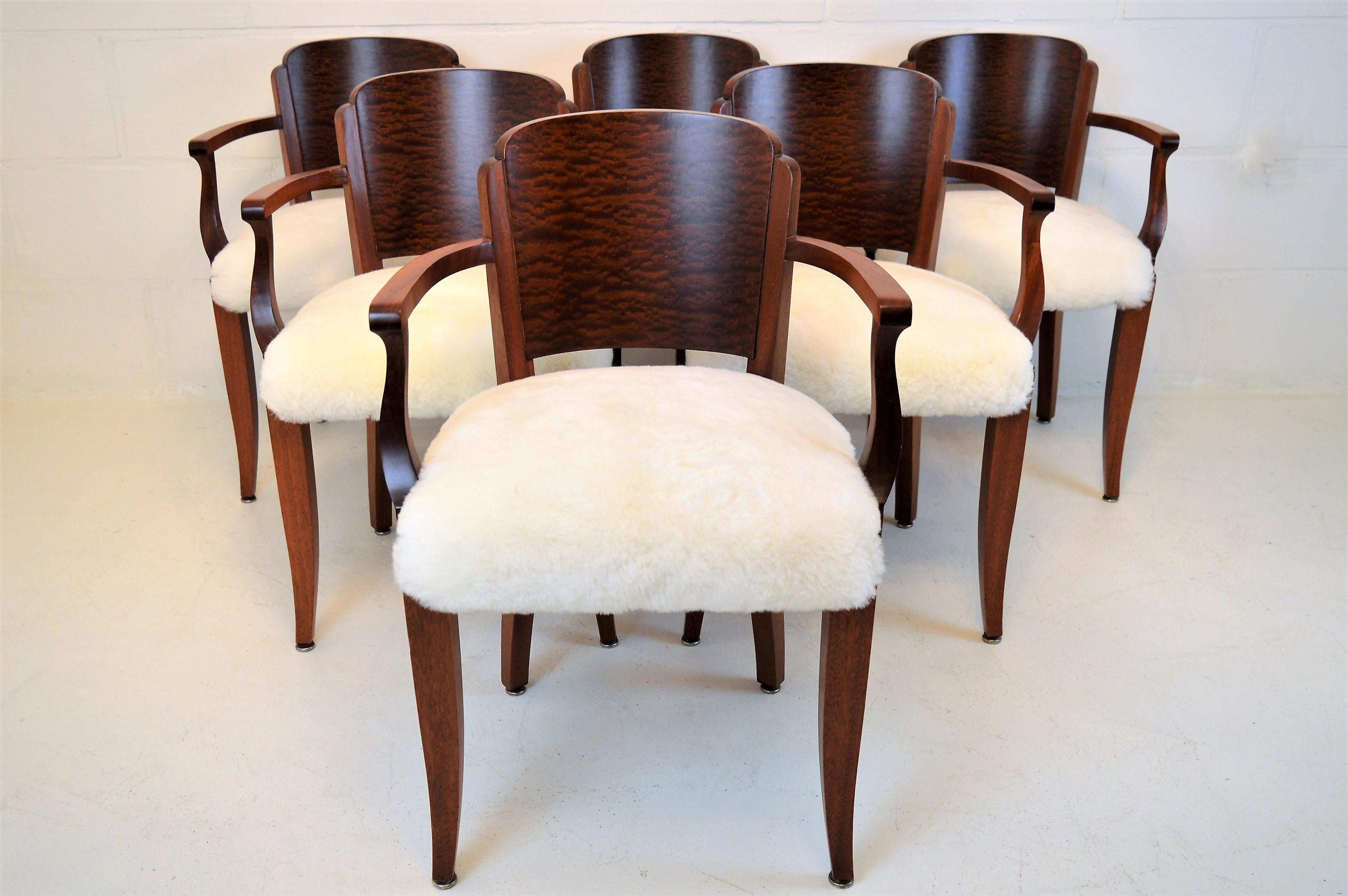 Gaston Poisson Art Deco Armchairs Covered with Sheepskin in Solid Mahogany In Good Condition In Castenray, NL