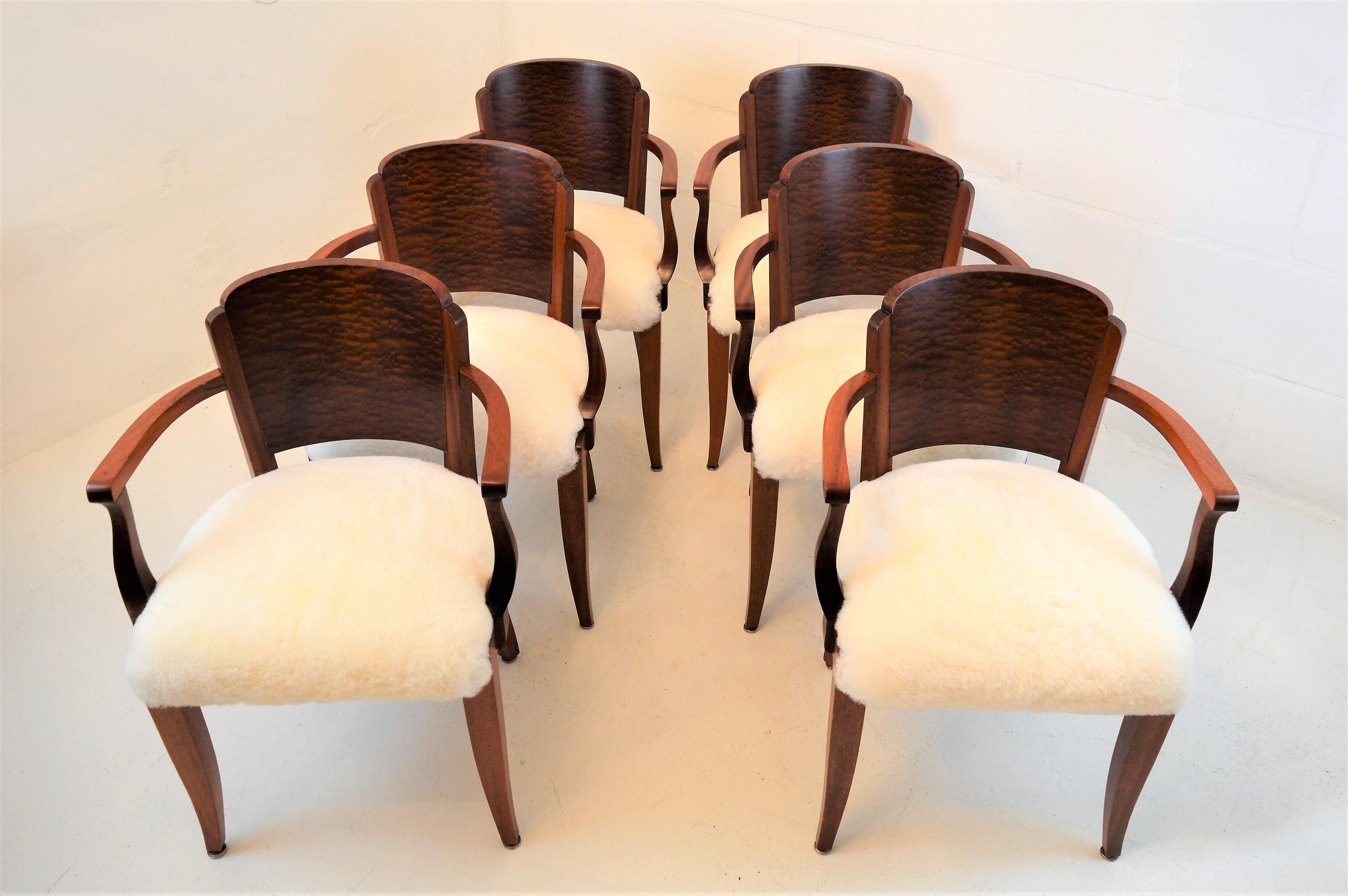 Mid-20th Century Gaston Poisson Art Deco Armchairs Covered with Sheepskin in Solid Mahogany