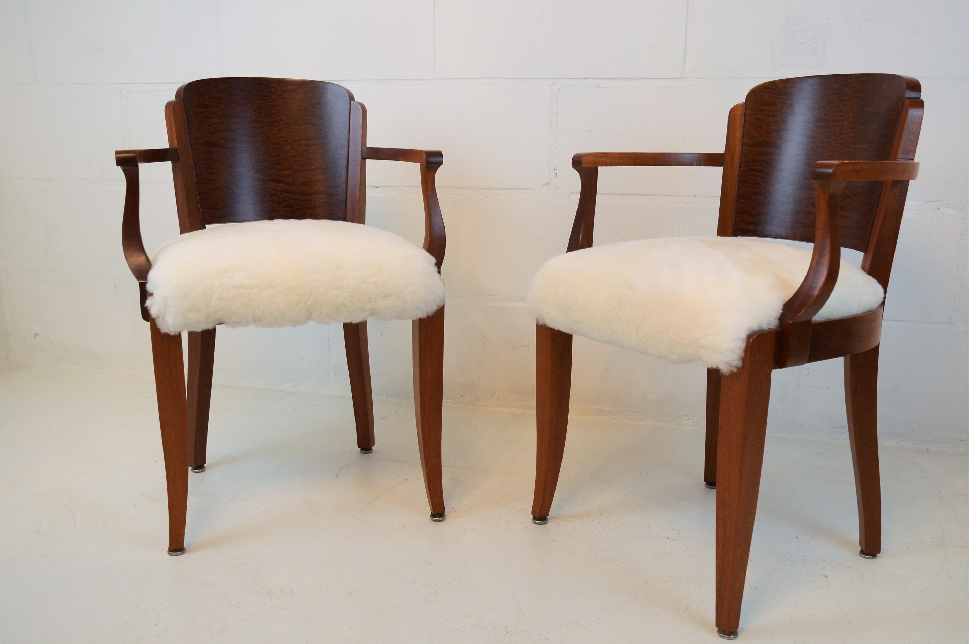 Gaston Poisson Art Deco Armchairs Covered with Sheepskin in Solid Mahogany 1