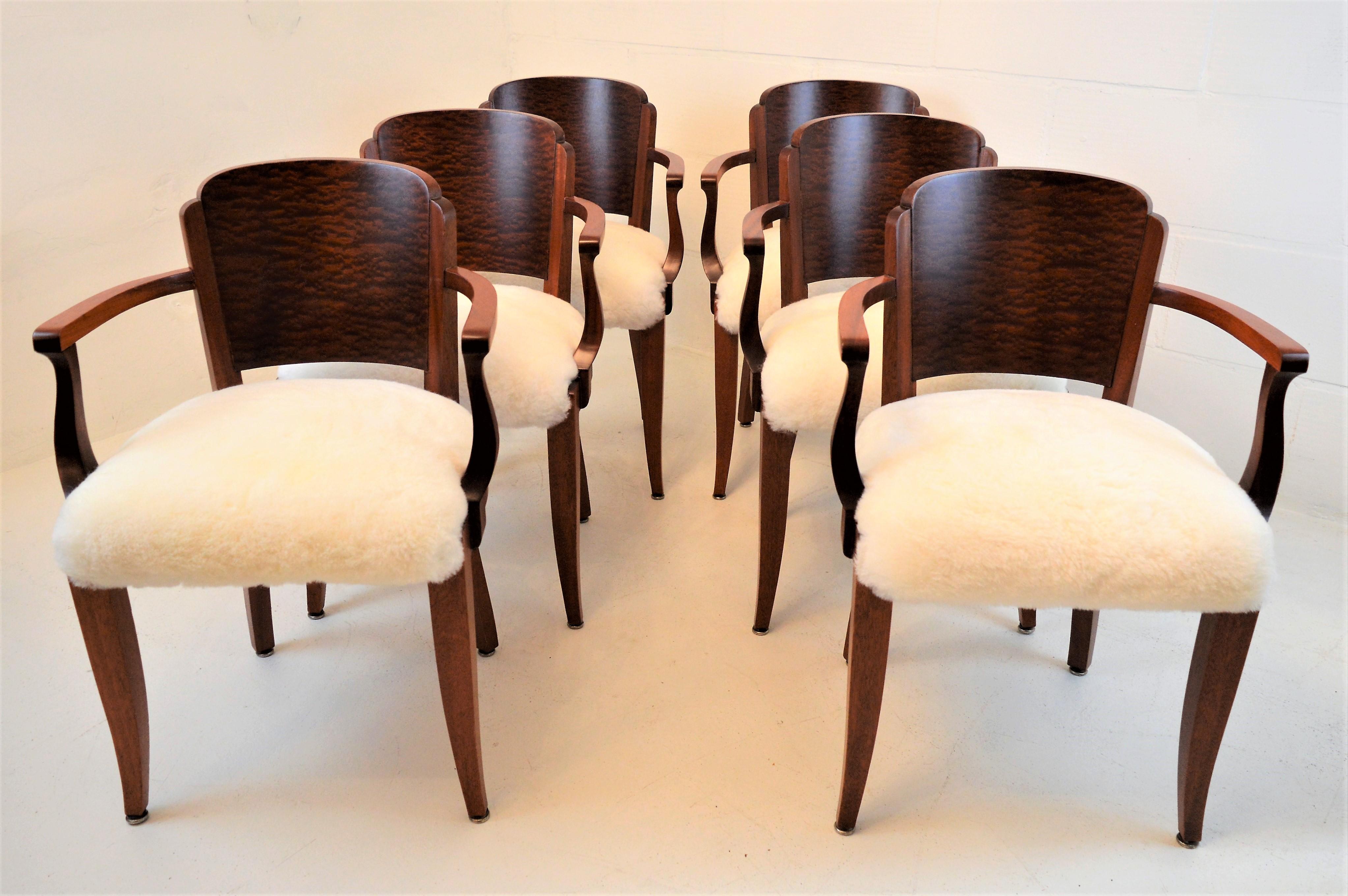 Gaston Poisson Art Deco Armchairs Covered with Sheepskin in Solid Mahogany 3
