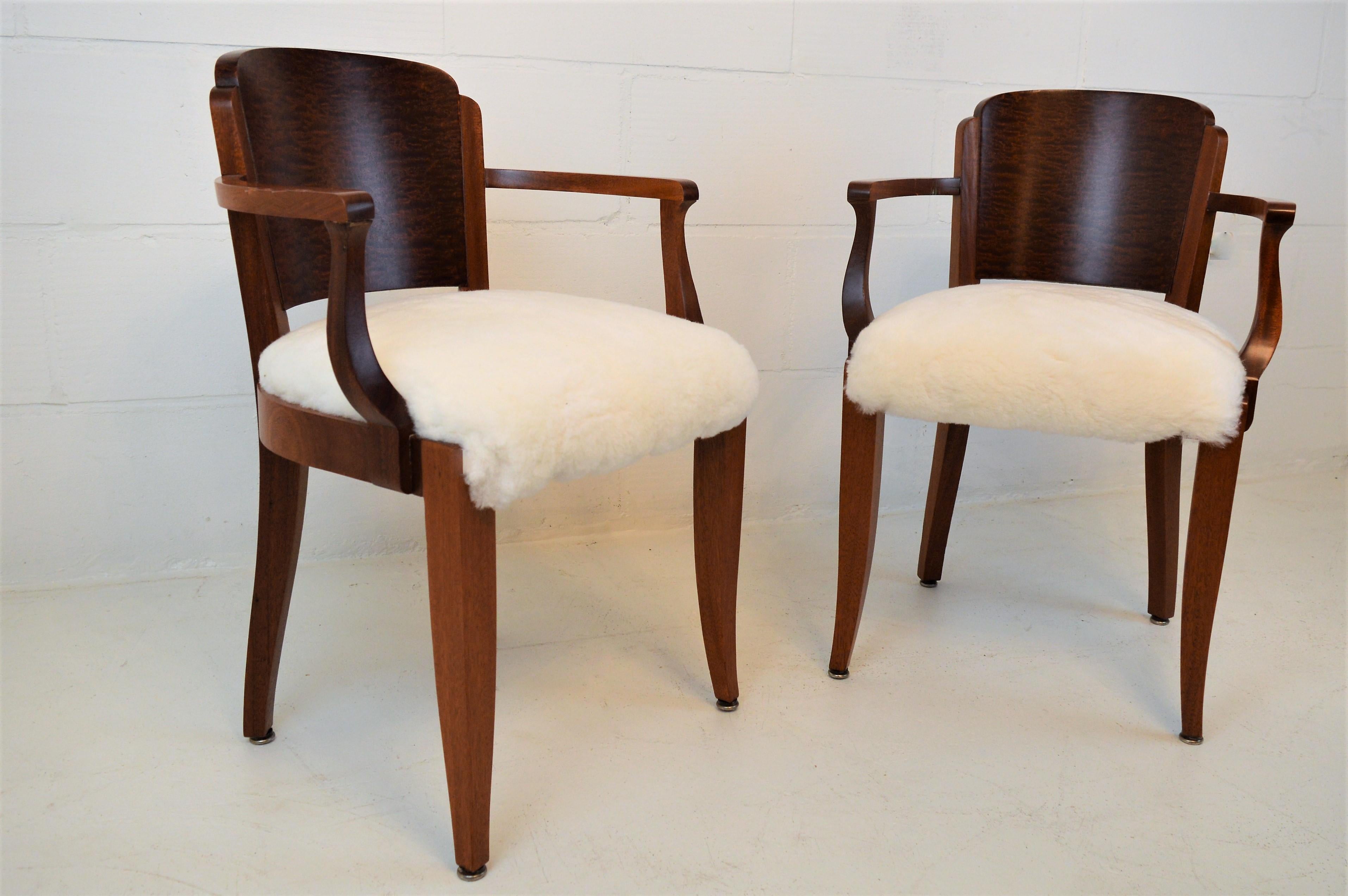 Gaston Poisson Art Deco Armchairs Covered with Sheepskin in Solid Mahogany 4