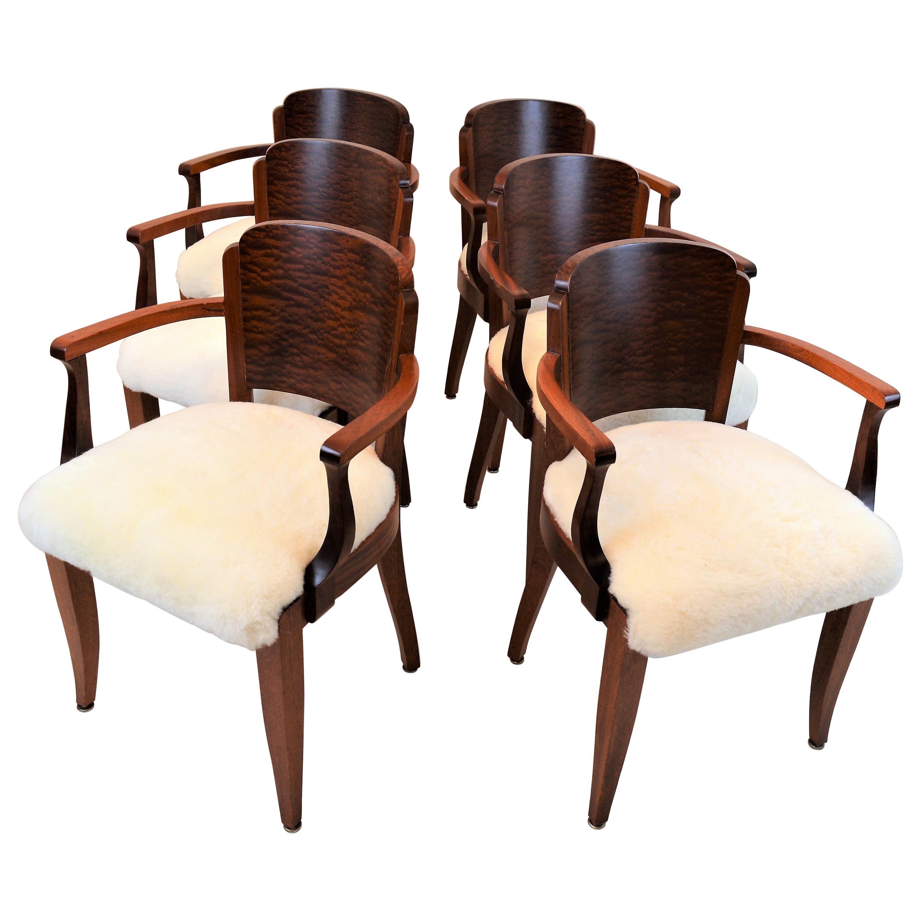 Gaston Poisson Art Deco Armchairs Covered with Sheepskin in Solid Mahogany