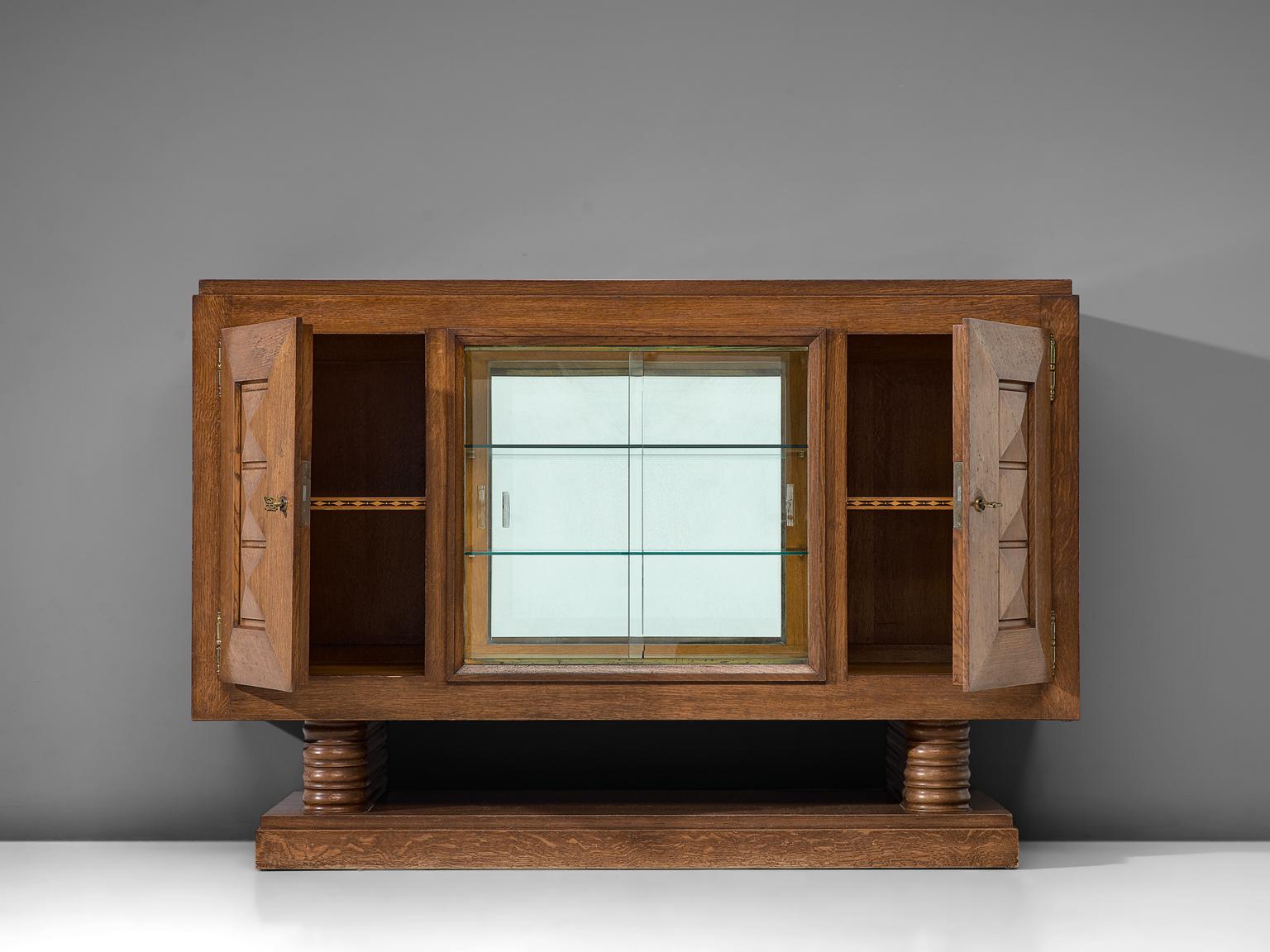 Gaston Poisson Credenza in Oak and Glass In Good Condition In Waalwijk, NL