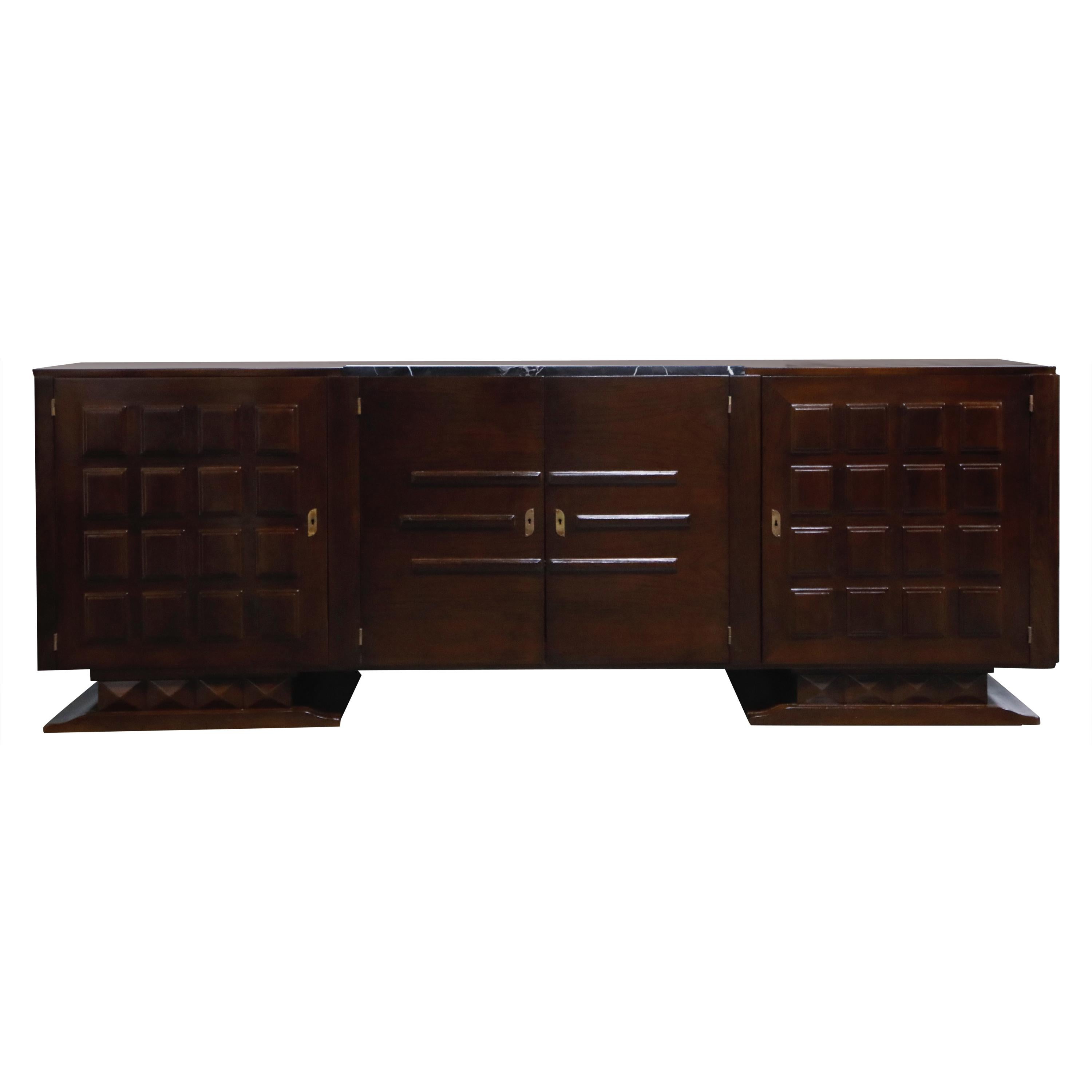 Gaston Poisson French Art Deco Credenza with Portoro Marble Top, c 1930