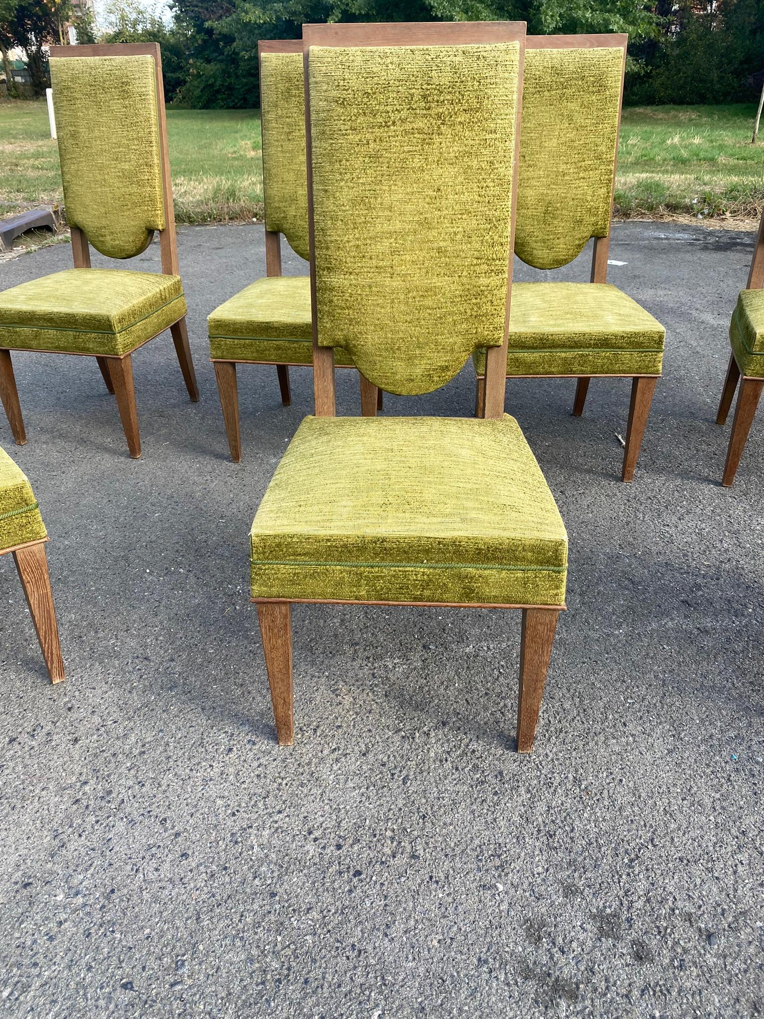 French Maurice Jallot,  Set of Seven Art Deco Chairs in Oak, circa 1930/1940 For Sale