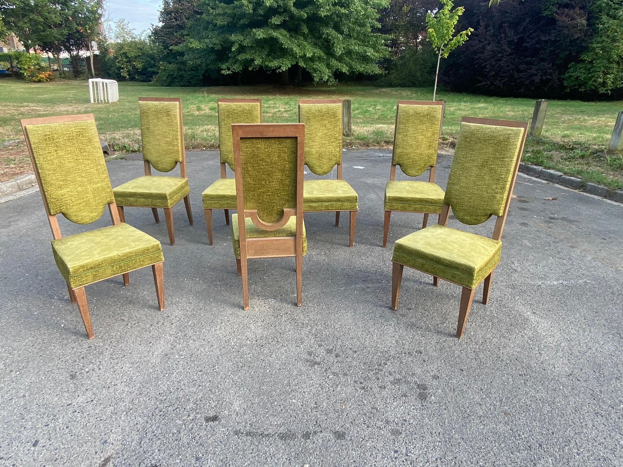 Mid-20th Century Maurice Jallot,  Set of Seven Art Deco Chairs in Oak, circa 1930/1940 For Sale