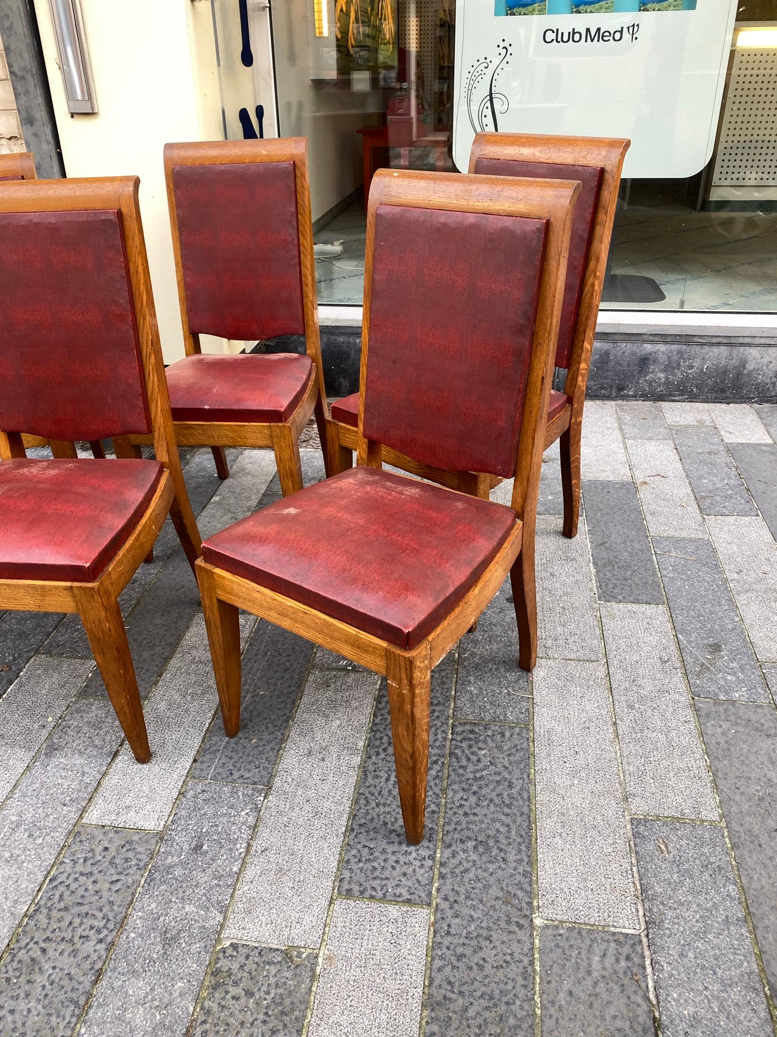 French Gaston Poisson, Set of Six Art Deco Chairs in Oak, circa 1930/1940 For Sale