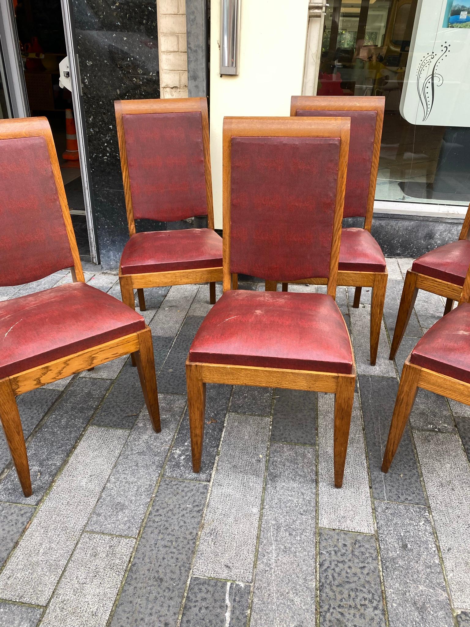 Gaston Poisson, Set of Six Art Deco Chairs in Oak, circa 1930/1940 In Good Condition For Sale In Saint-Ouen, FR