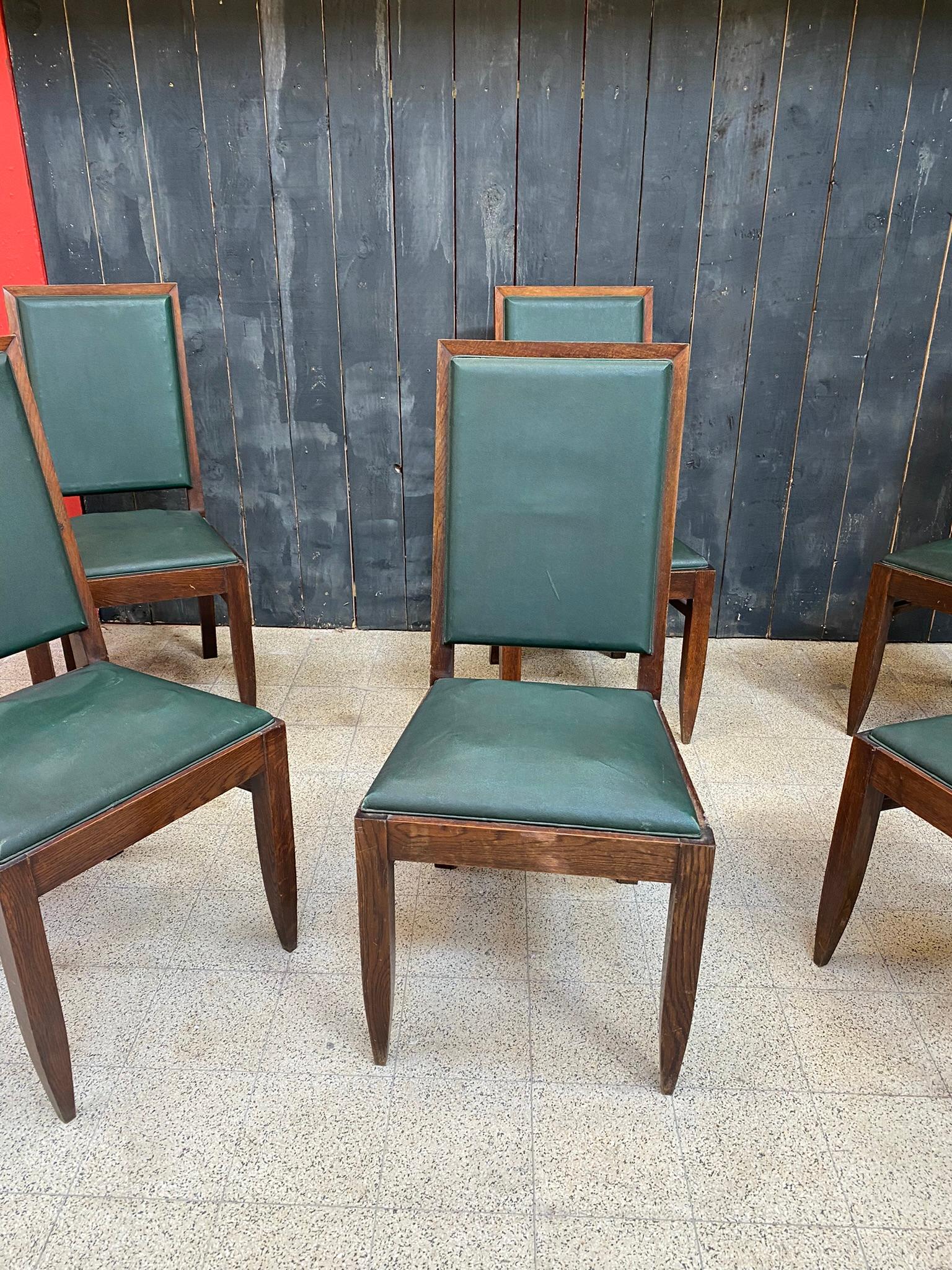 French Gaston Poisson, Set of Six Art Deco Chairs in Oak, circa 1930/1940