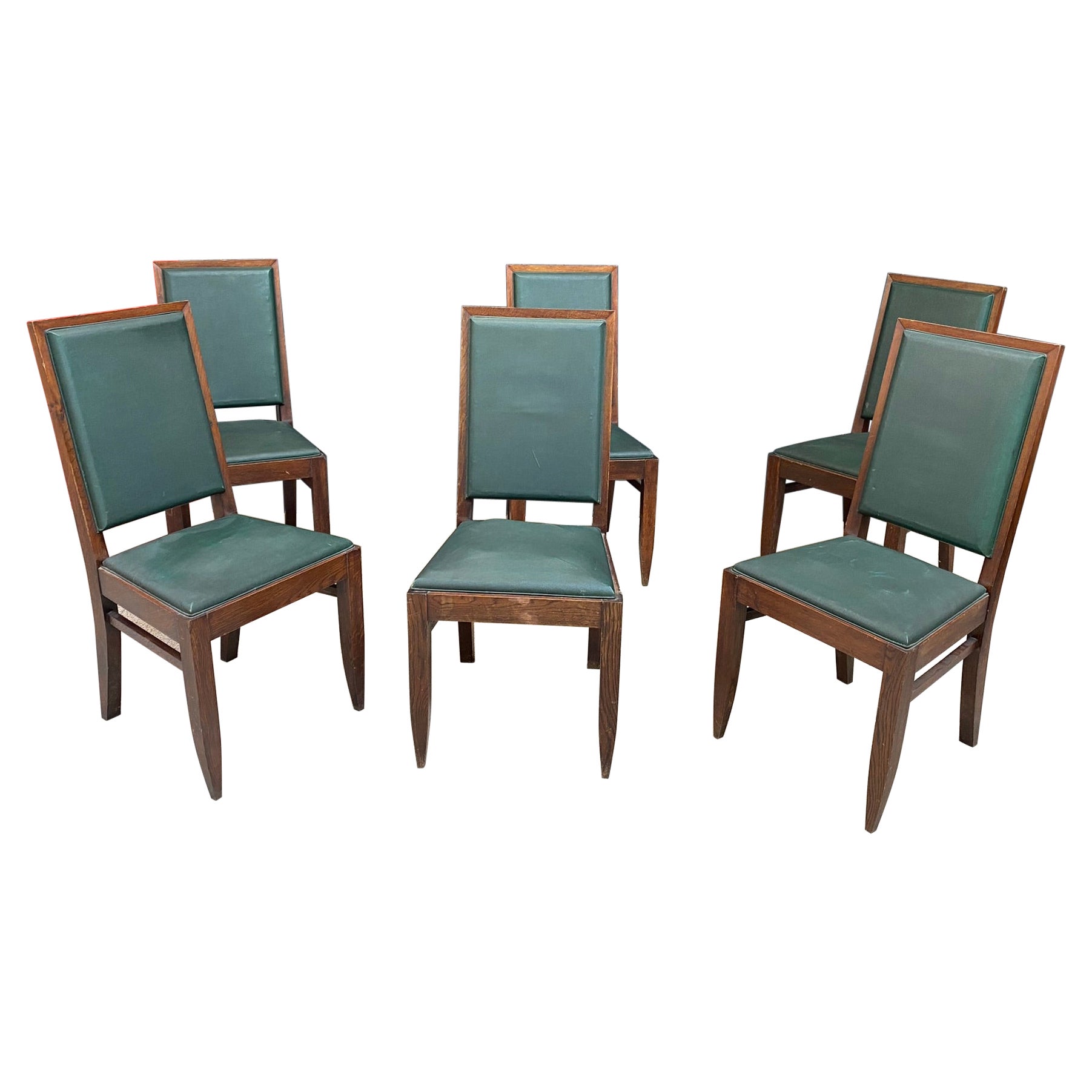 Gaston Poisson, Sechser-Set Art-déco-Stühle aus Eiche, um 1930/1940