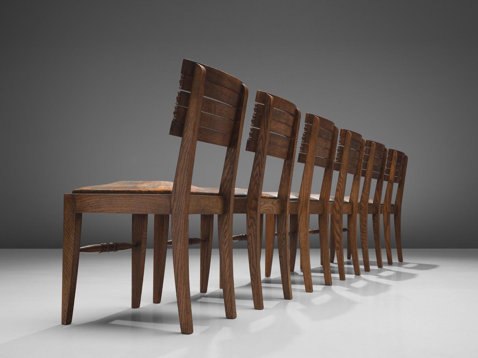 Mid-Century Modern Gaston Poisson Set of Six Dining Chairs in Oak and Leather  For Sale