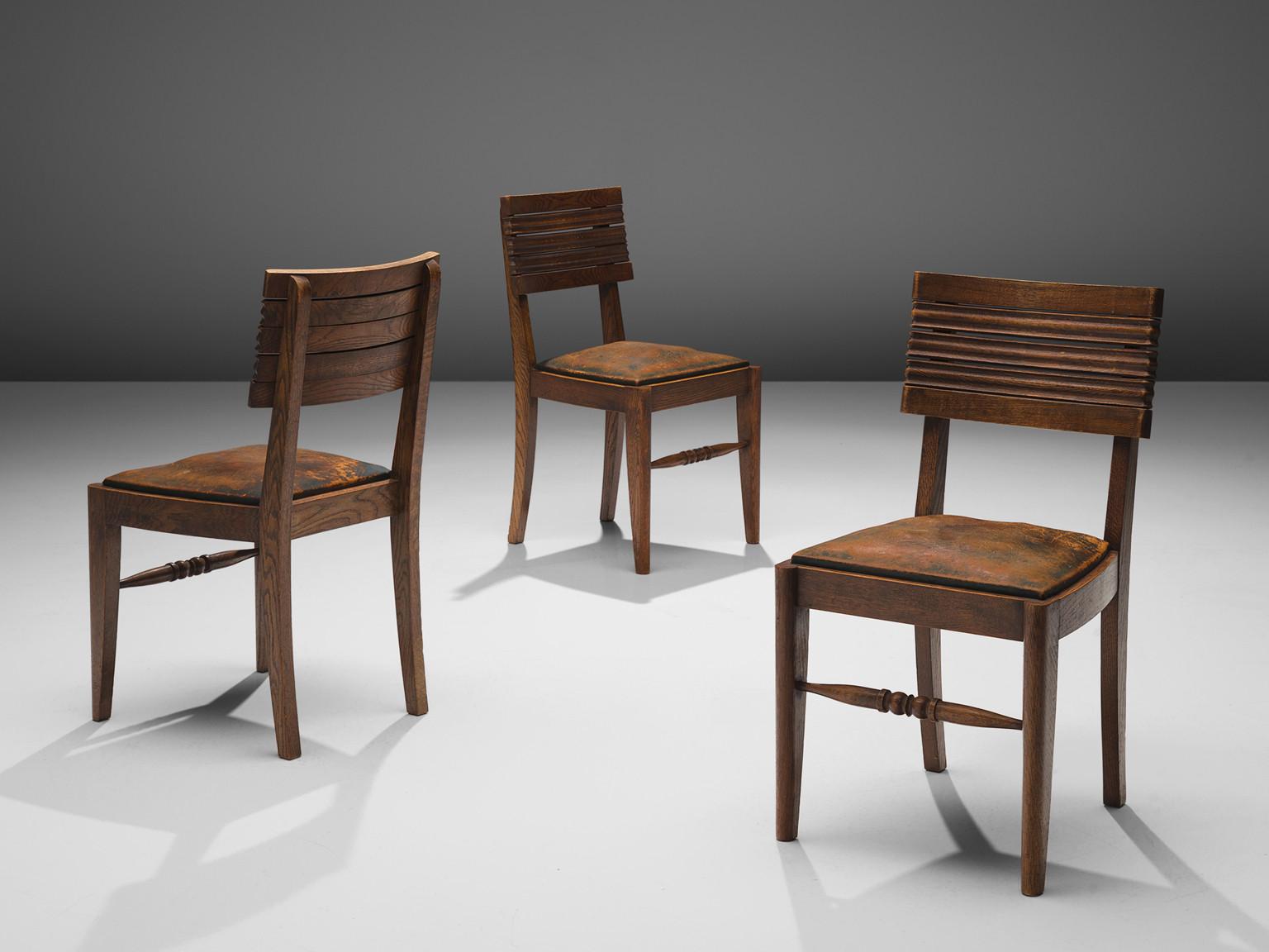 French Gaston Poisson Set of Six Dining Chairs in Oak and Leather  For Sale