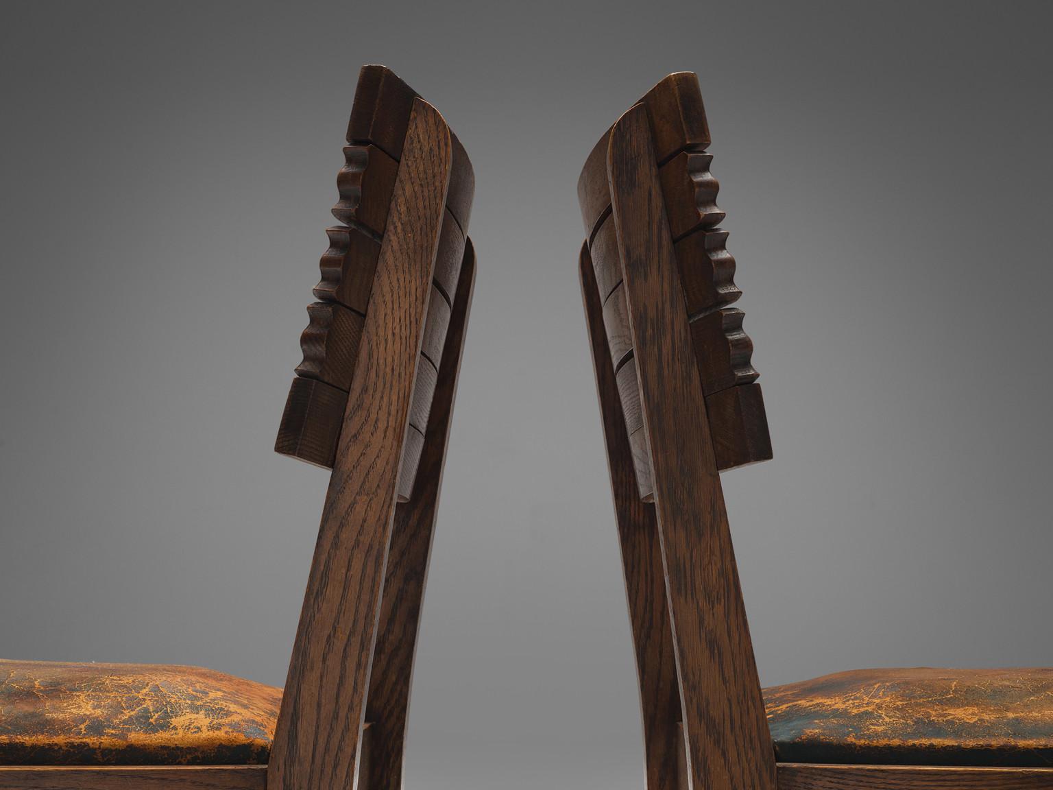 Mid-20th Century Gaston Poisson Set of Six Dining Chairs in Oak and Leather  For Sale