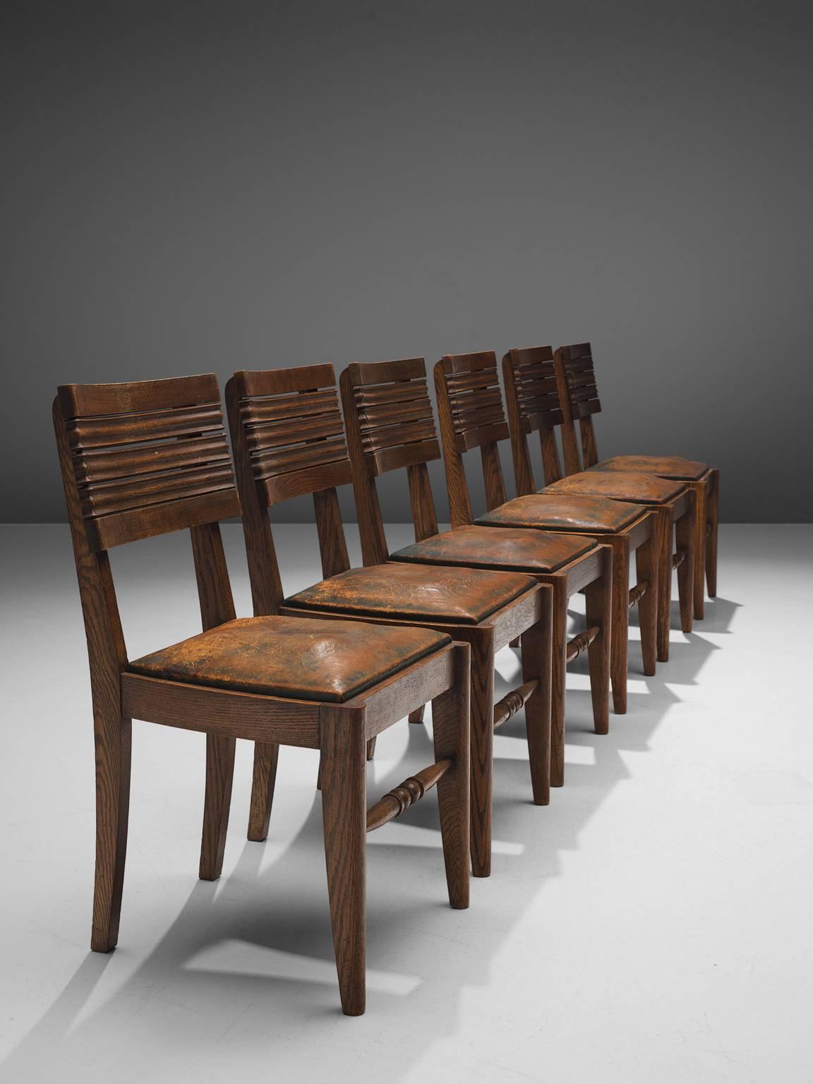 Mid-Century Modern Gaston Poisson Set of Six Leather and Oak Dining Chairs