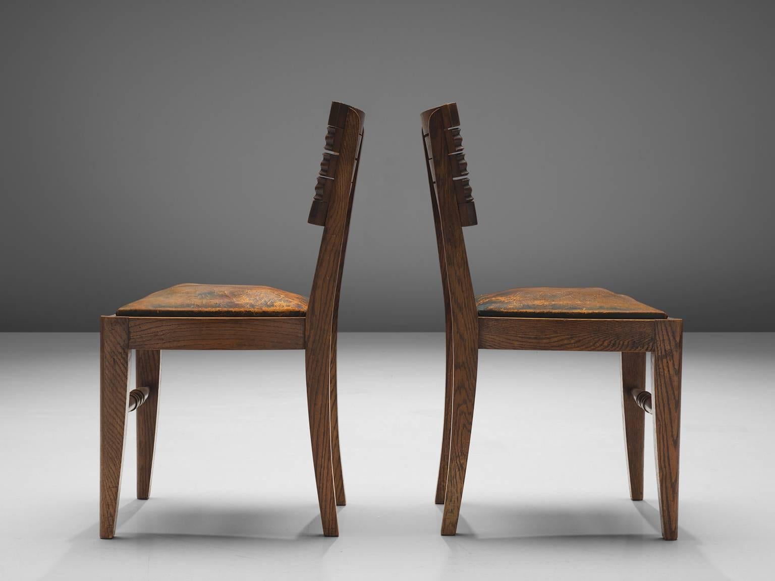 Mid-20th Century Gaston Poisson Set of Six Leather and Oak Dining Chairs
