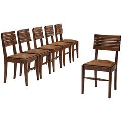 Gaston Poisson Set of Six Leather and Oak Dining Chairs