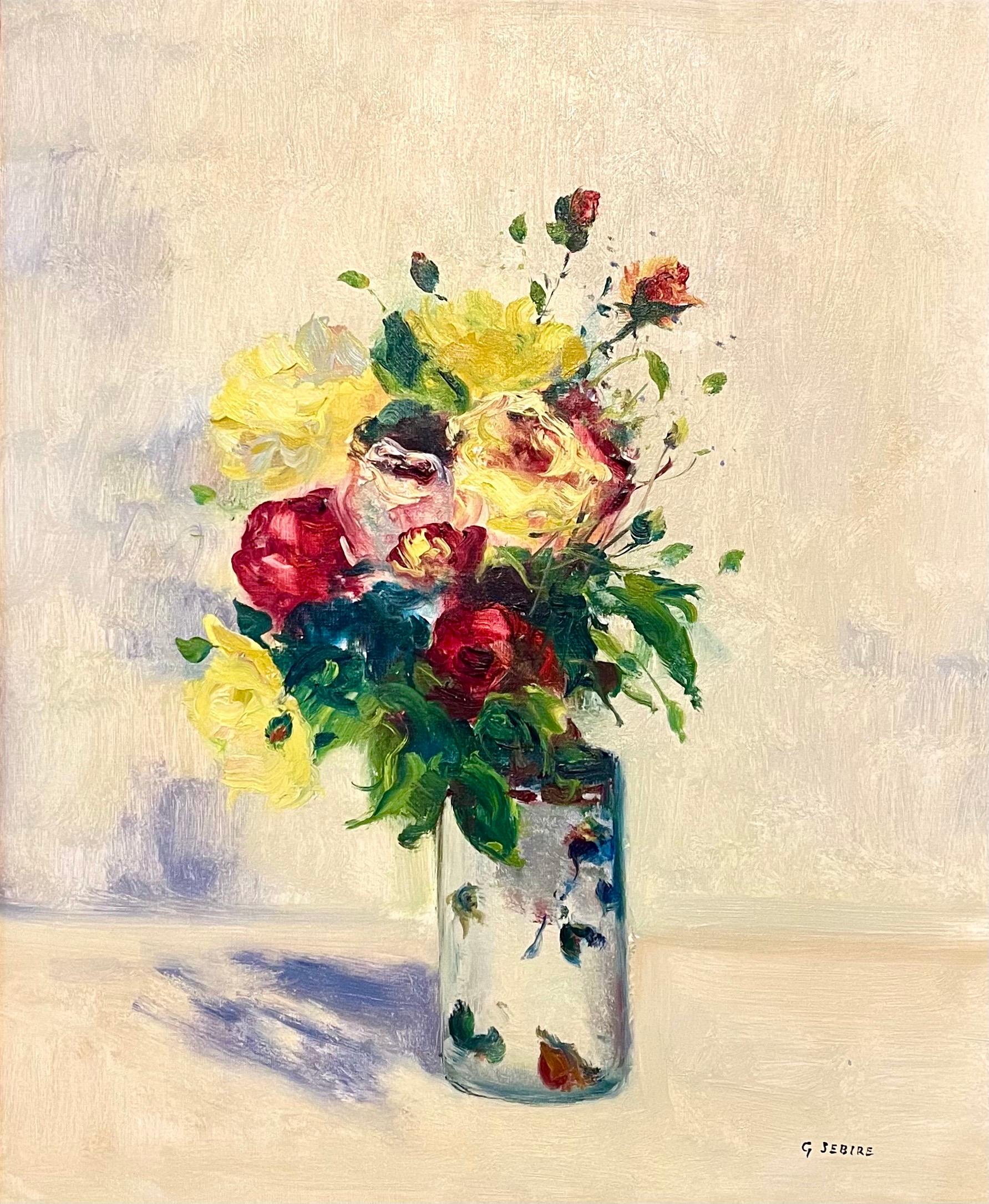 Peinture à l'huile post-impressionniste française - Roses florales, vase Gaston Sebire - Fleurs en vente 1
