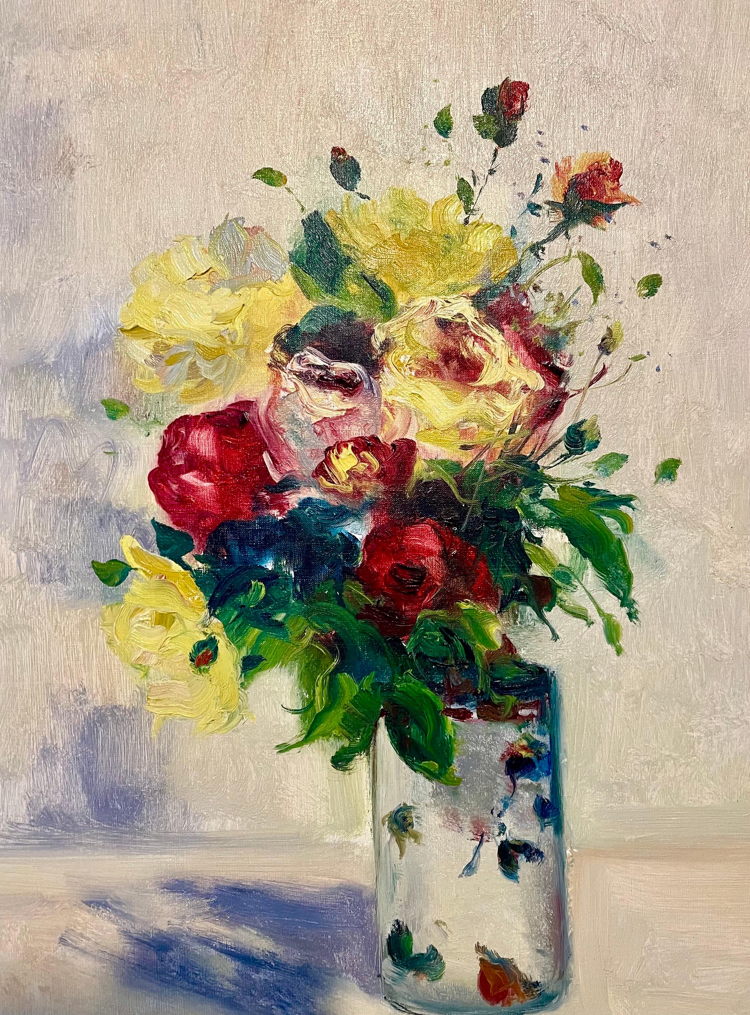 Pittura ad olio francese post-impressionista Rose floreali, vaso Gaston Sebire Fiori in vendita 3