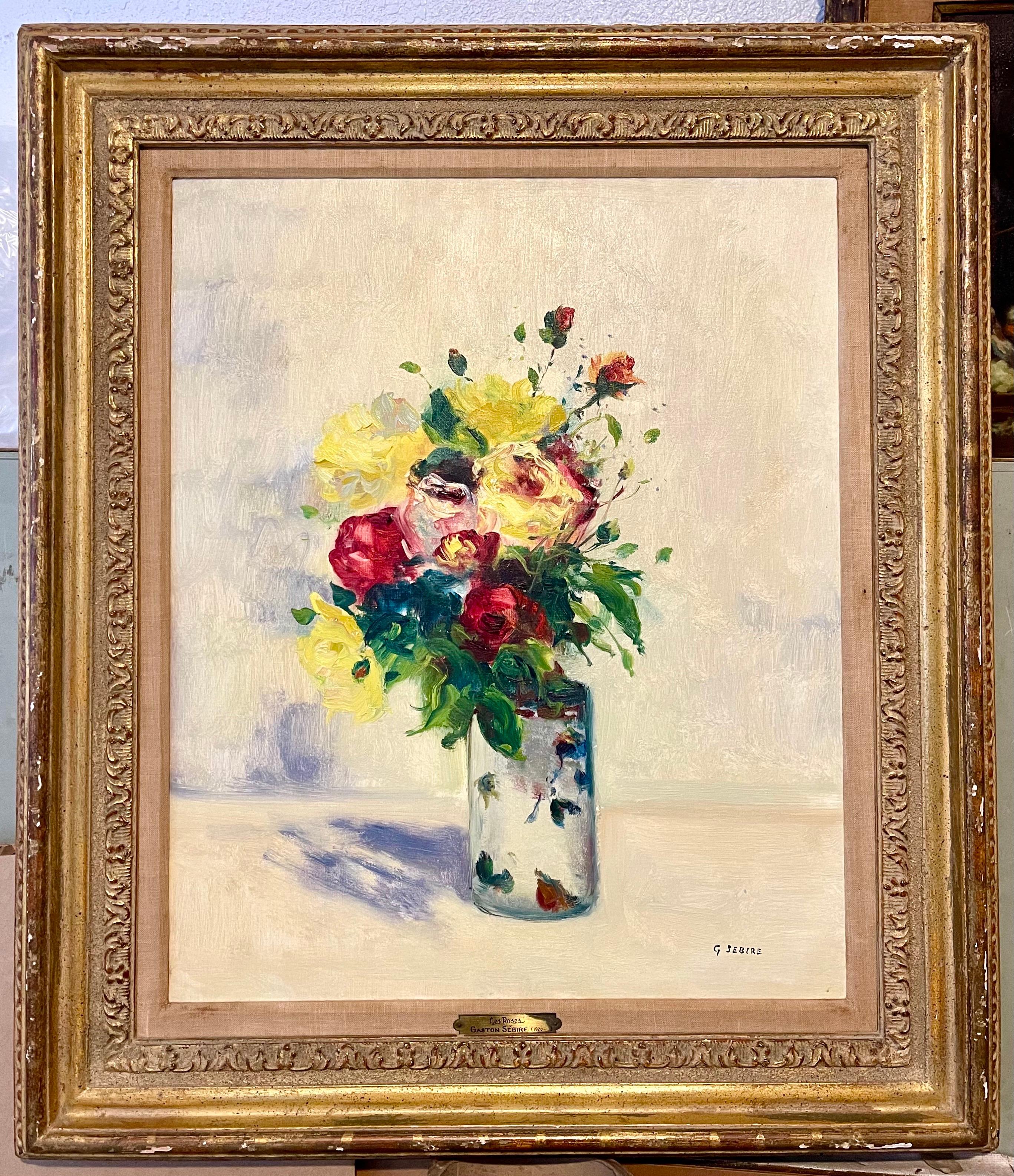 French Post Impressionist Oil Painting Floral Roses, Vase Gaston Sebire Flowers For Sale 3