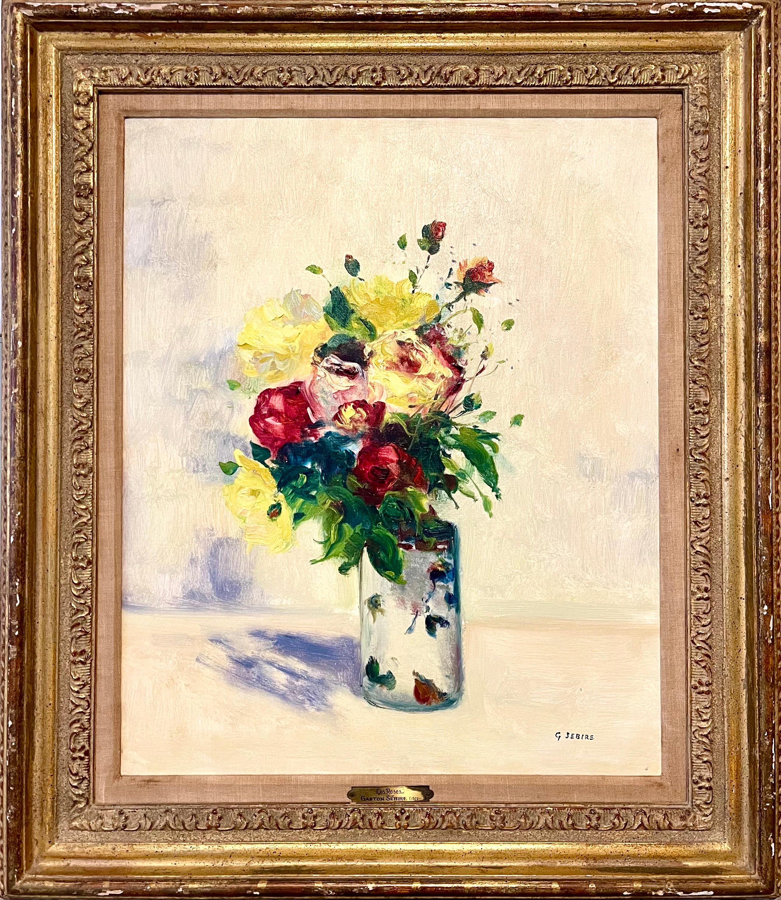 Peinture à l'huile post-impressionniste française - Roses florales, vase Gaston Sebire - Fleurs