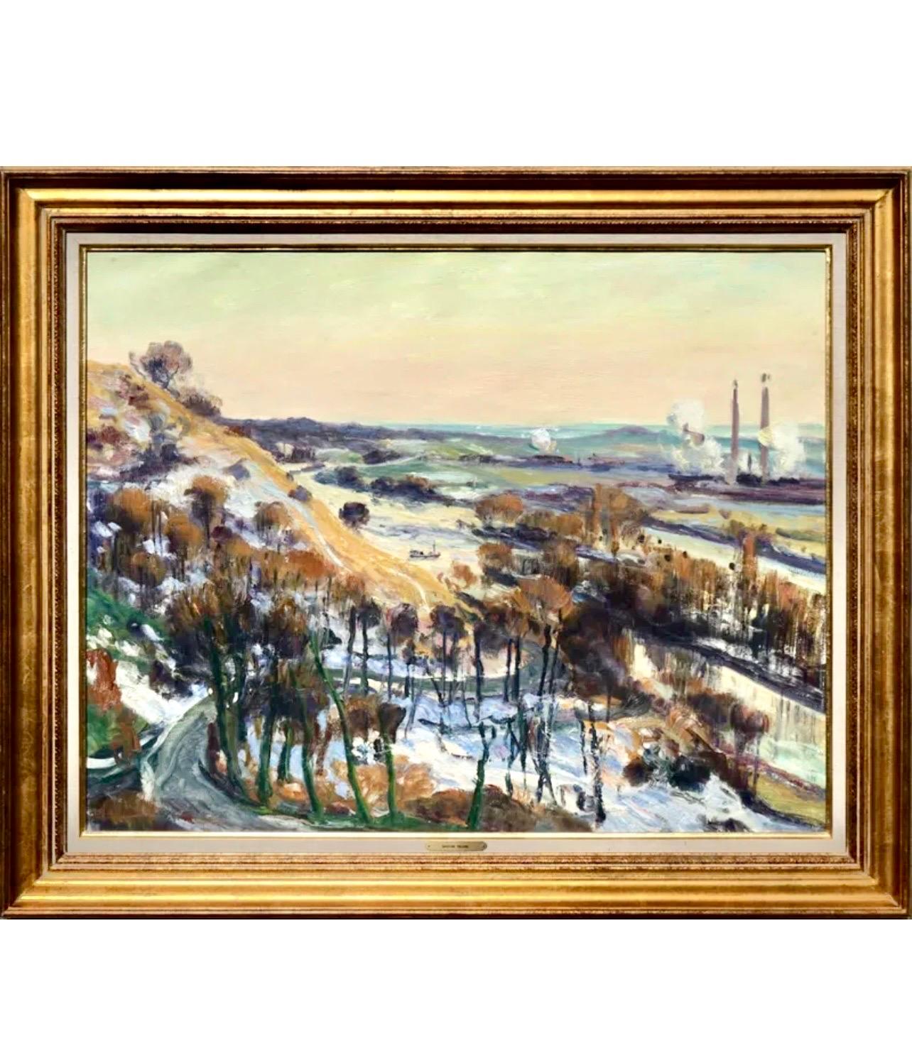 French Post Impressionist Oil Painting Winter Scene, Seine River Gaston Sebire For Sale 2